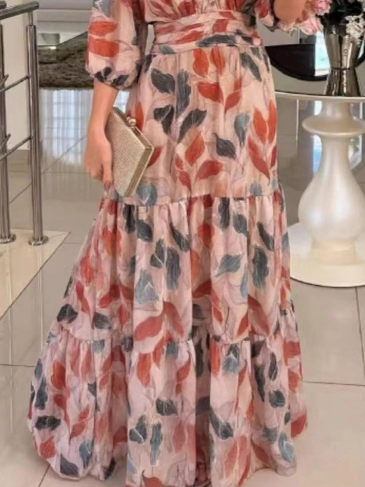 Printed V-Neck Tiered Hem Maxi Dress