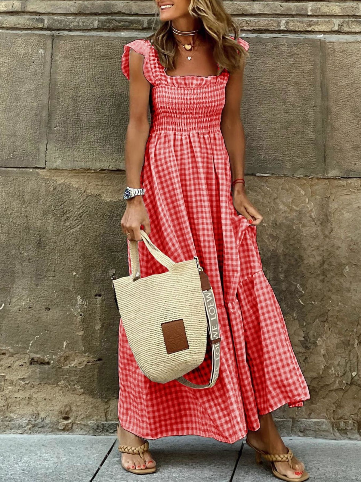 Plaid Ruffle-Sleeve Maxi Dress