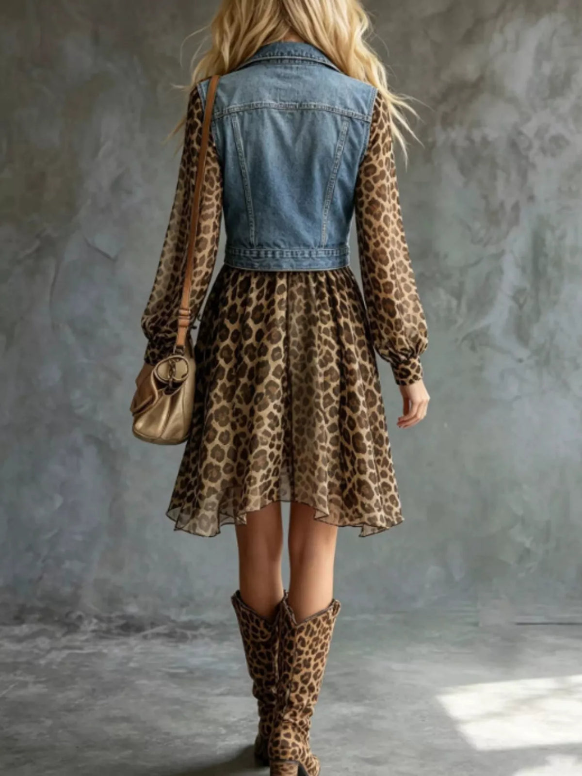 Leopard Patchwork Denim Mini Dress in Dusty Blue