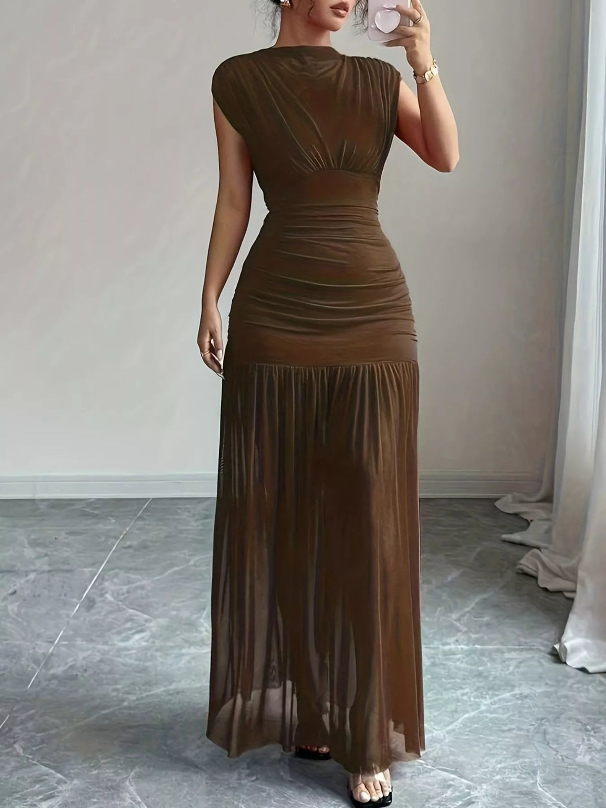 Ruched Bodycon Maxi Dress in Brown