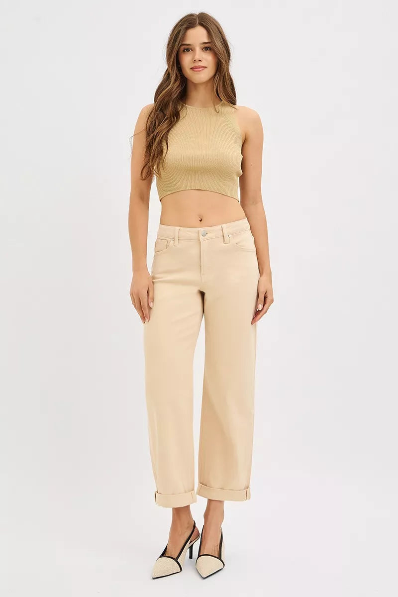 Risen Mid Rise Ankle Barrel Jeans in Butter Milk