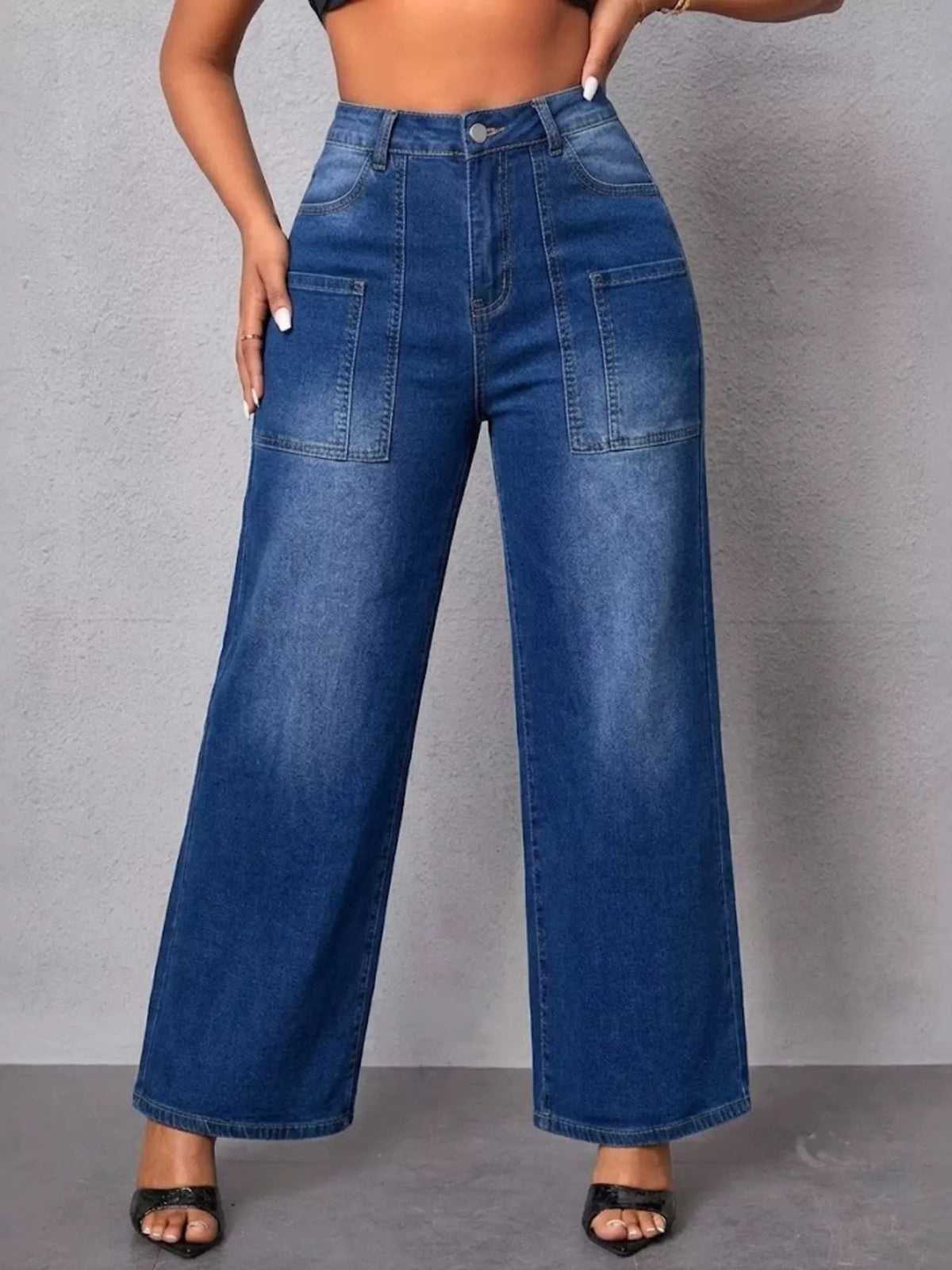 High-Waisted Wide Leg Jeans in Peacock Blue in Peacock  Blue