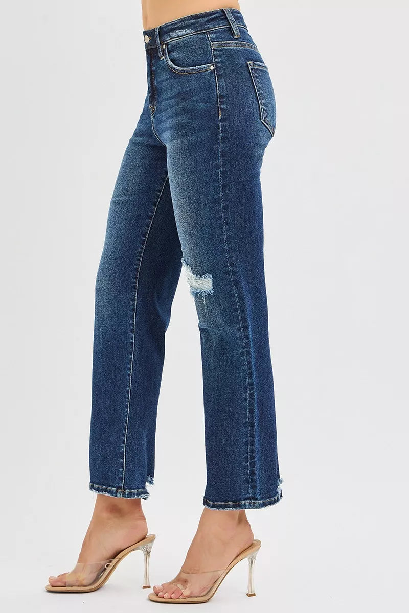 Risen High Rise Slim Straight Crop Jeans in Dark Wash
