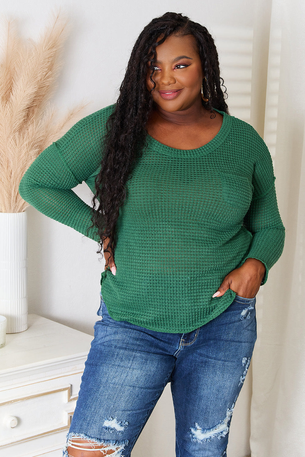 Culture Code Scoop Neck Patch Pocket Top in Dark Green