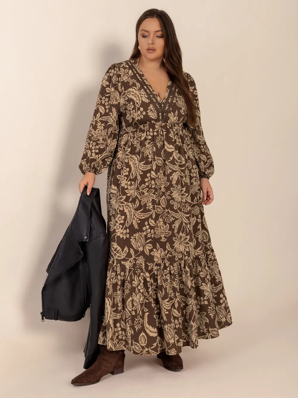 Printed V-Neck Balloon Sleeve Dress in Camel