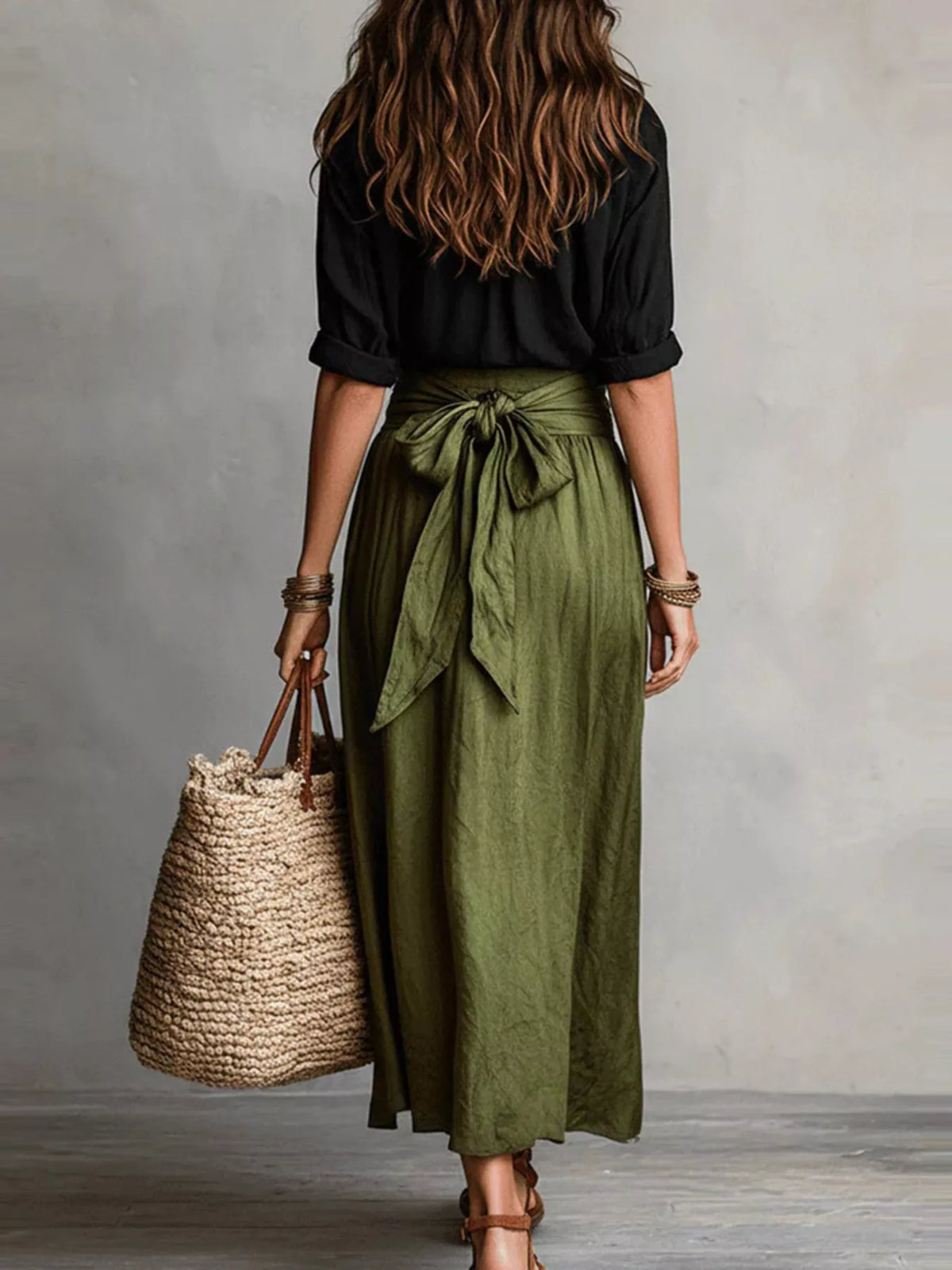 Two-Piece Button-Down Shirt and Maxi Skirt Set in Matcha Green
