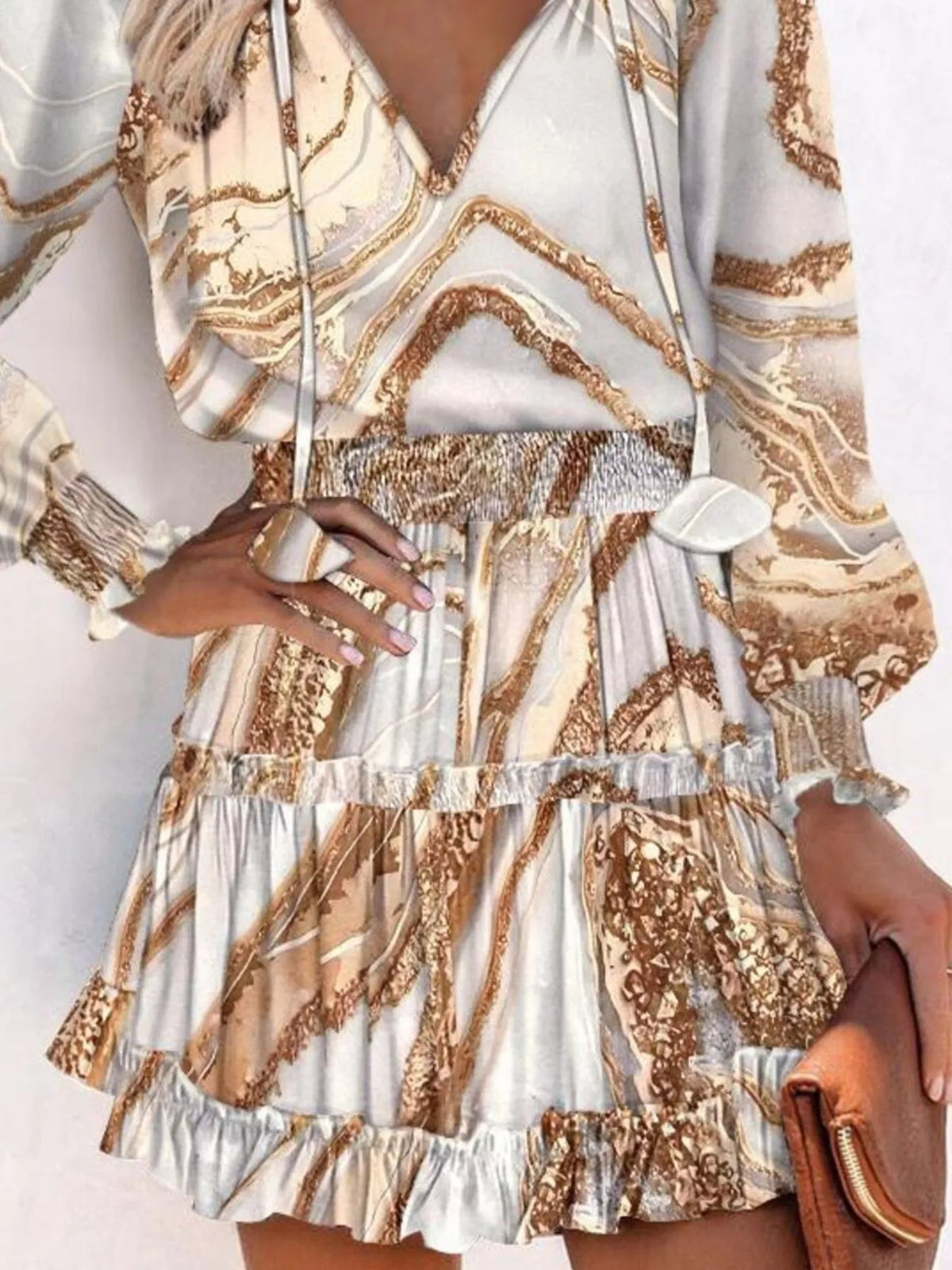 Tie-Neck Lantern Sleeve Dress with Tiered Ruffles