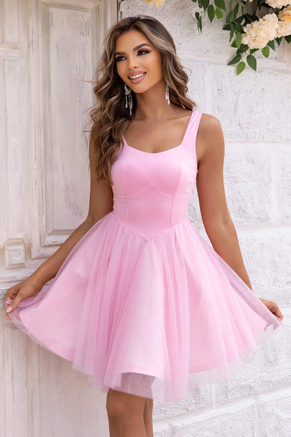 Wide Strap Mesh Dress in Blush Pink