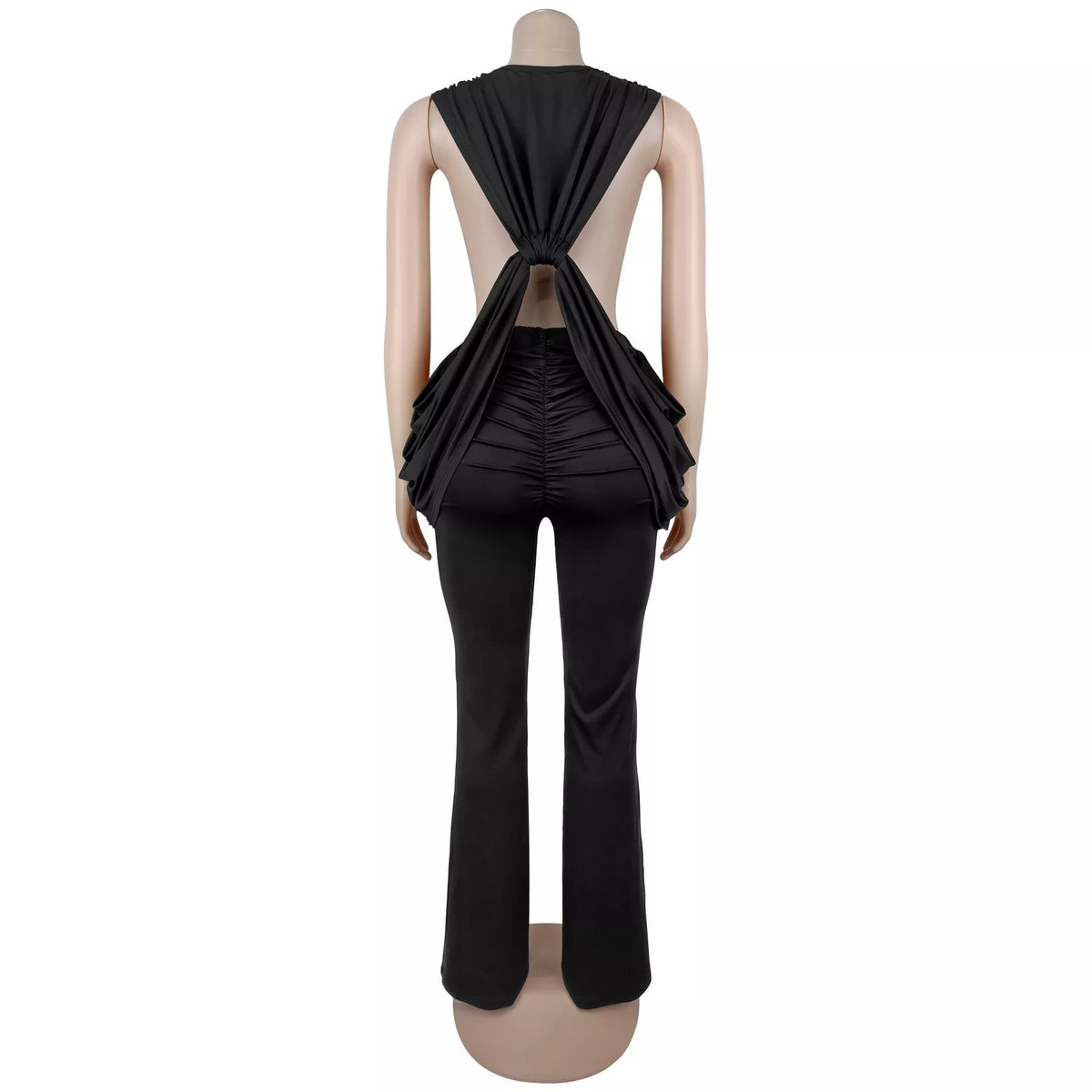 Deep V-Neck Knot-Front Flare Leg Jumpsuit