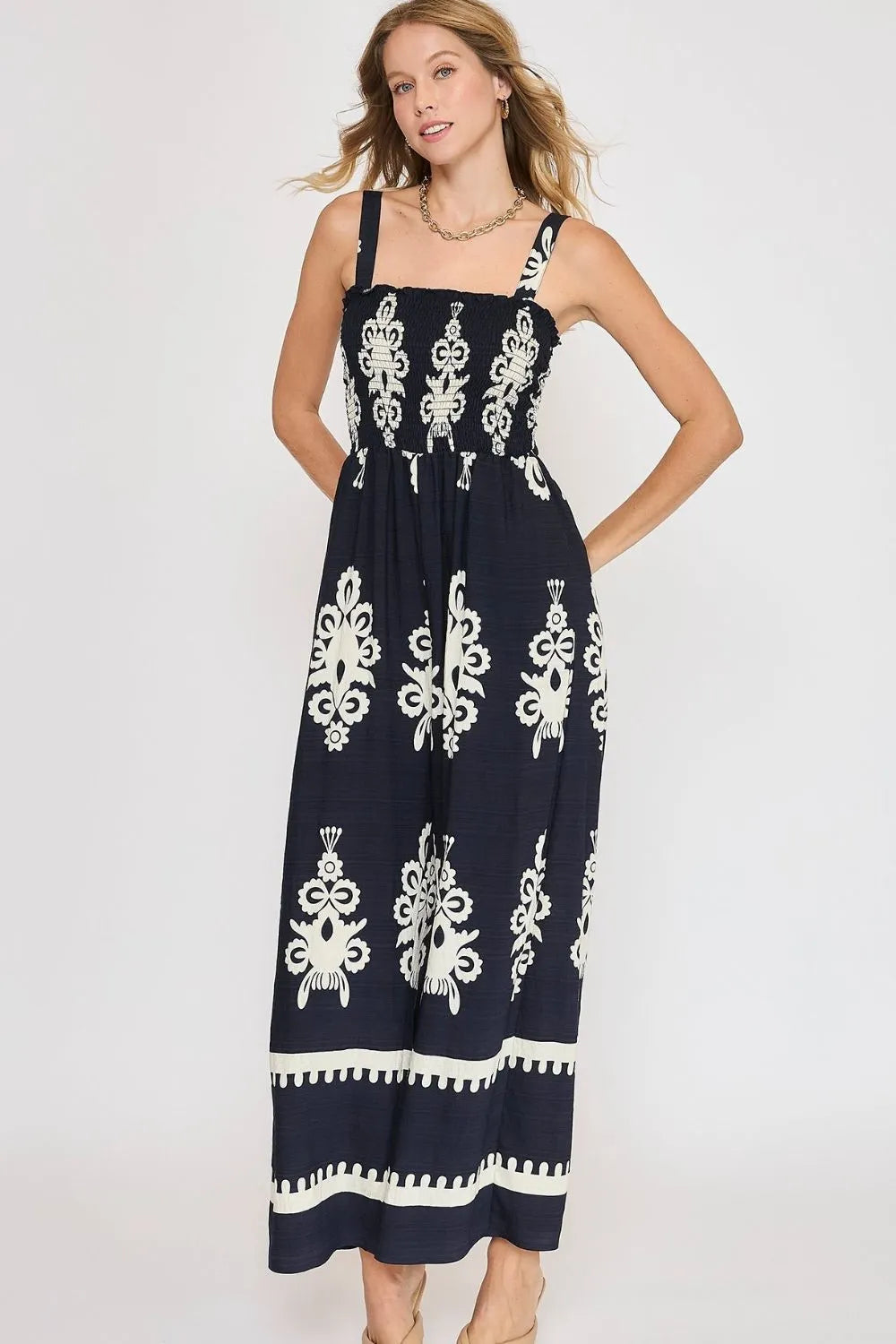 Umgee Smocked Wide Leg Jumpsuit in Dark Navy