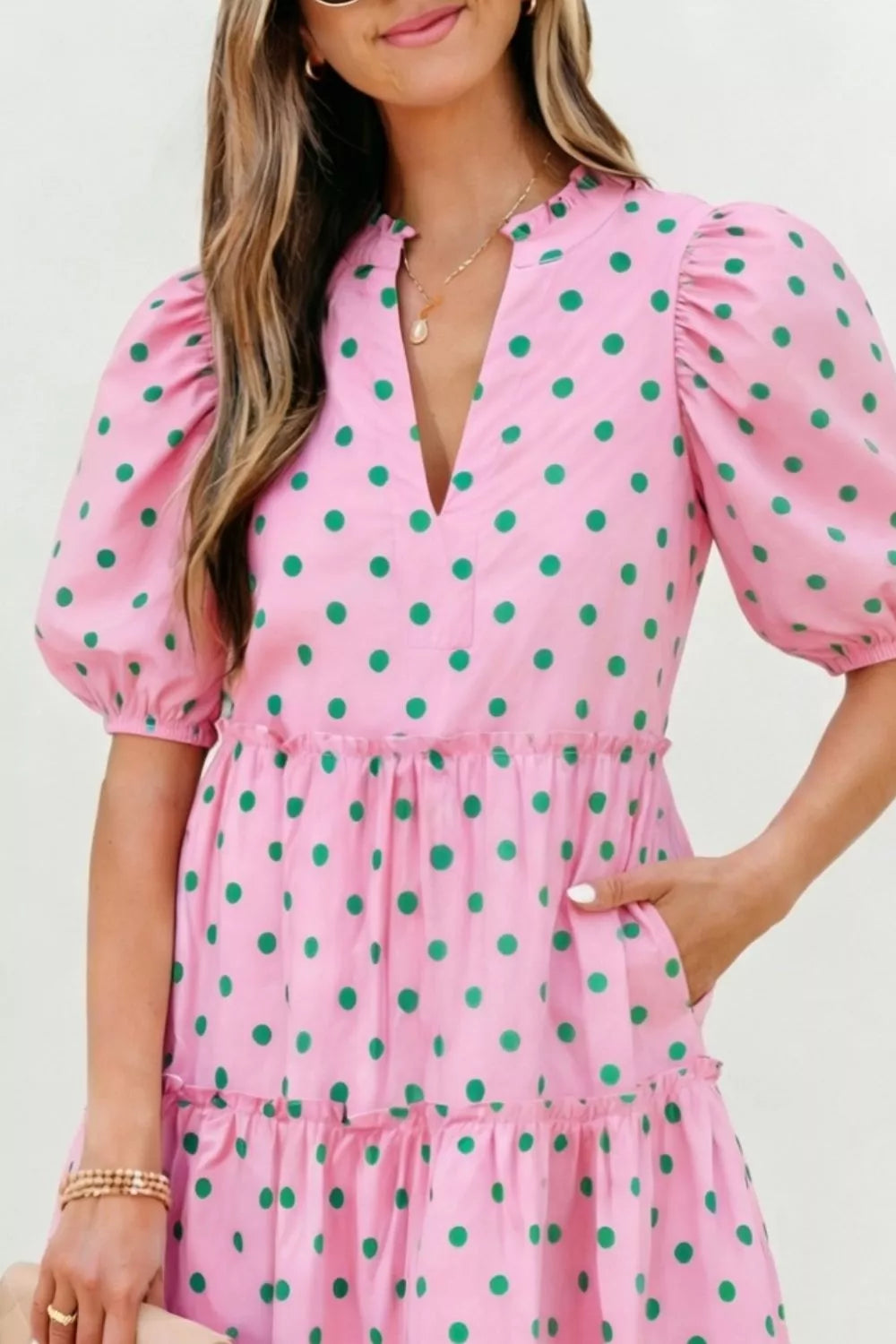 Polka Dot Tiered Mini Dress in Blush Pink