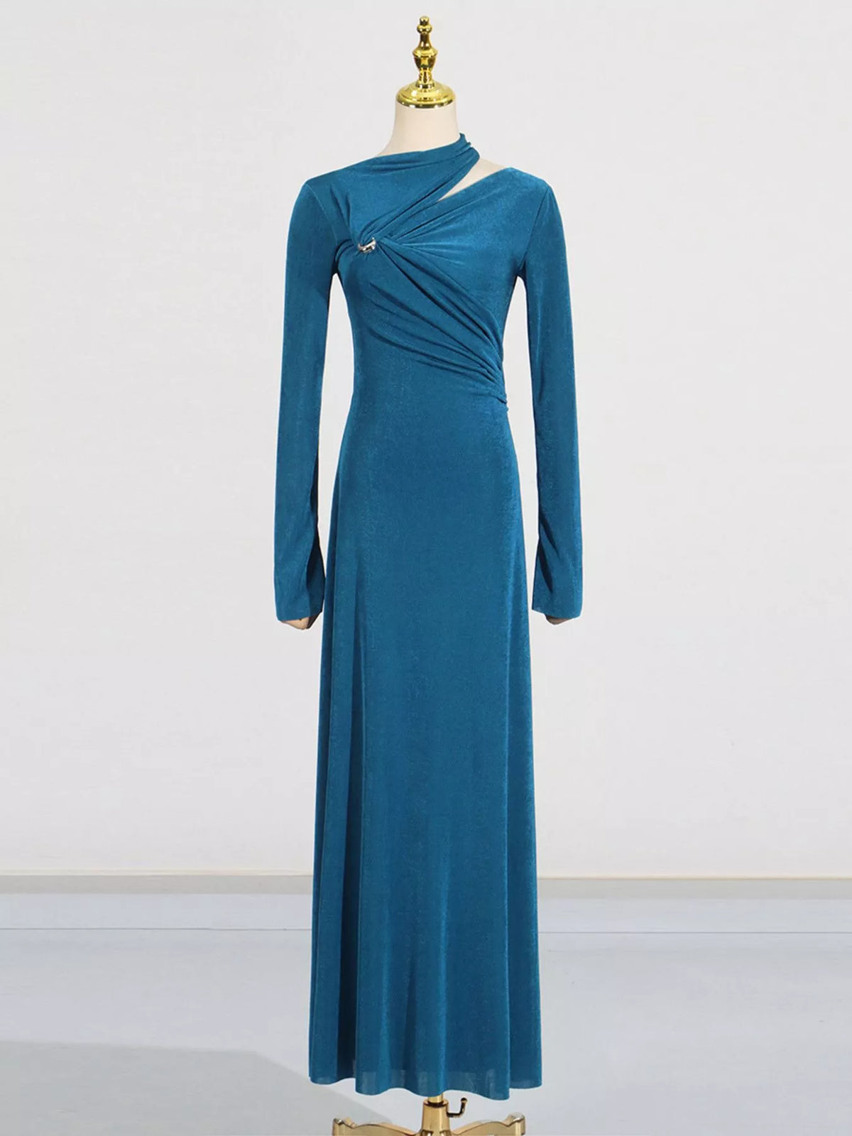 Cutout Ruched Long Sleeve Maxi Dress in Blue