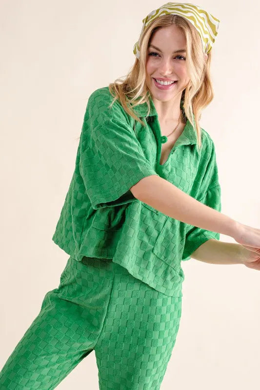 And The Why Checkerboard Print Top in Green
