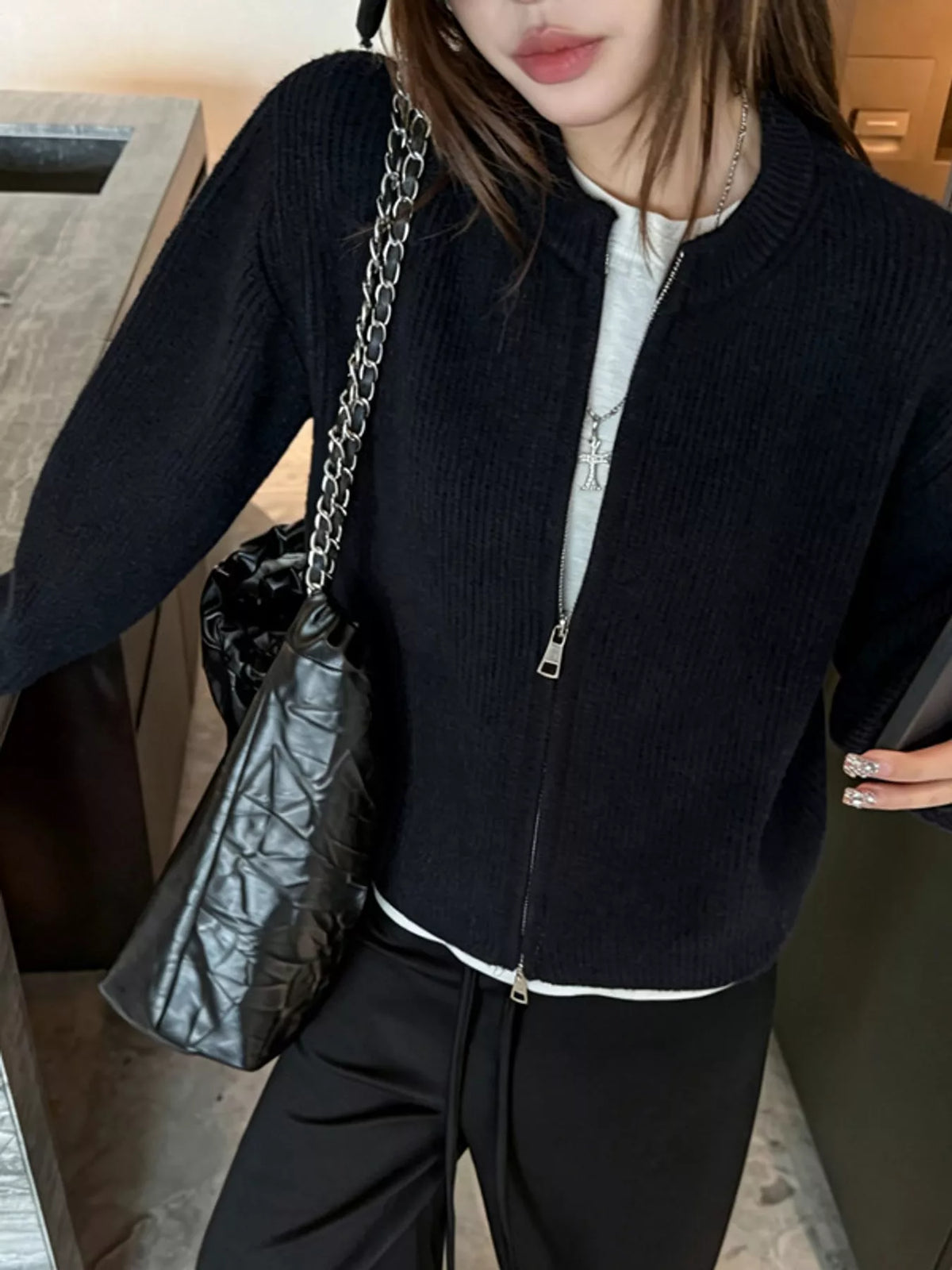 Zip-Up Dropped Shoulder Ribbed Cardigan