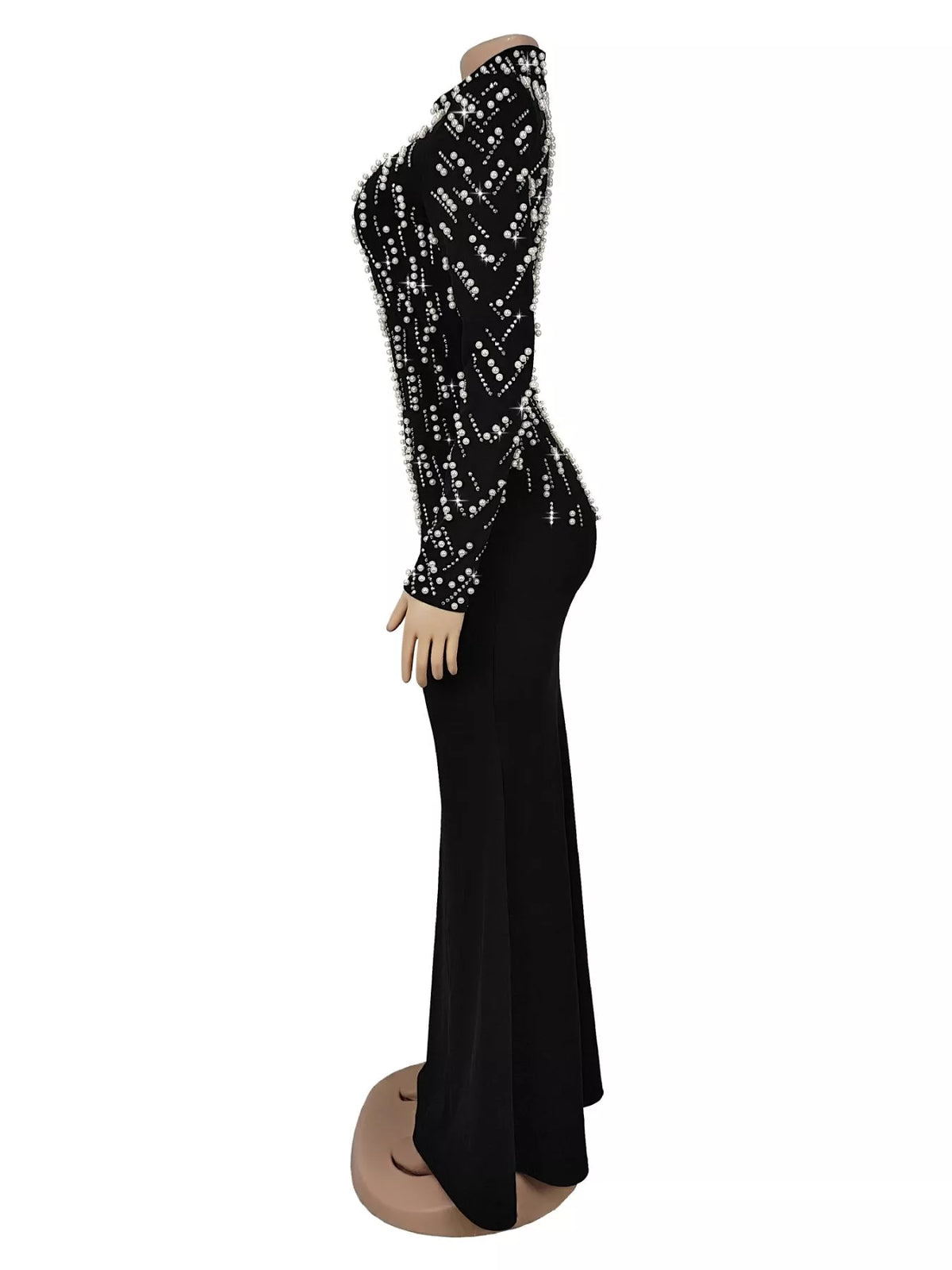 Pearl Detail Mock Neck Maxi Dress in Black