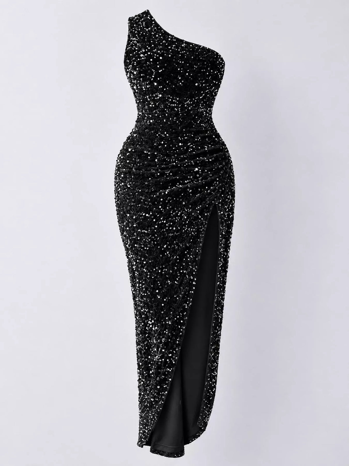 One-Shoulder Sequin High-Slit Evening Dress