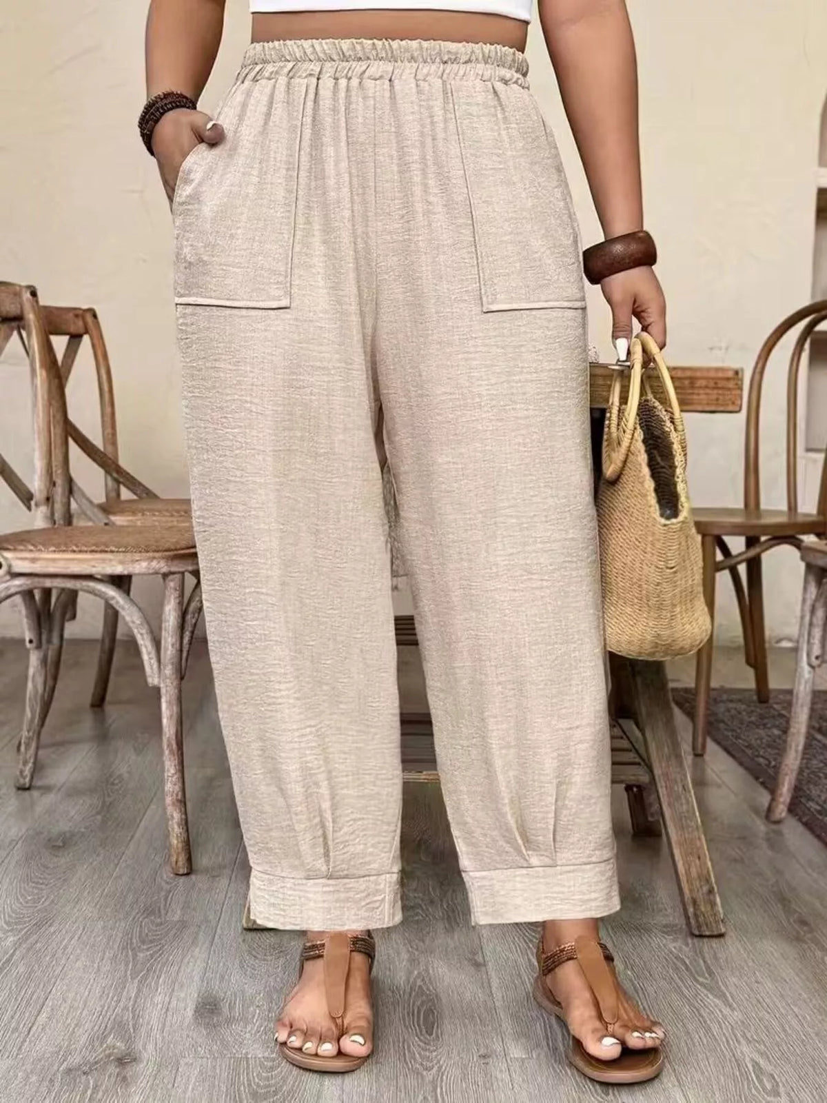 Plus Size Elastic Waist Pants with Pockets