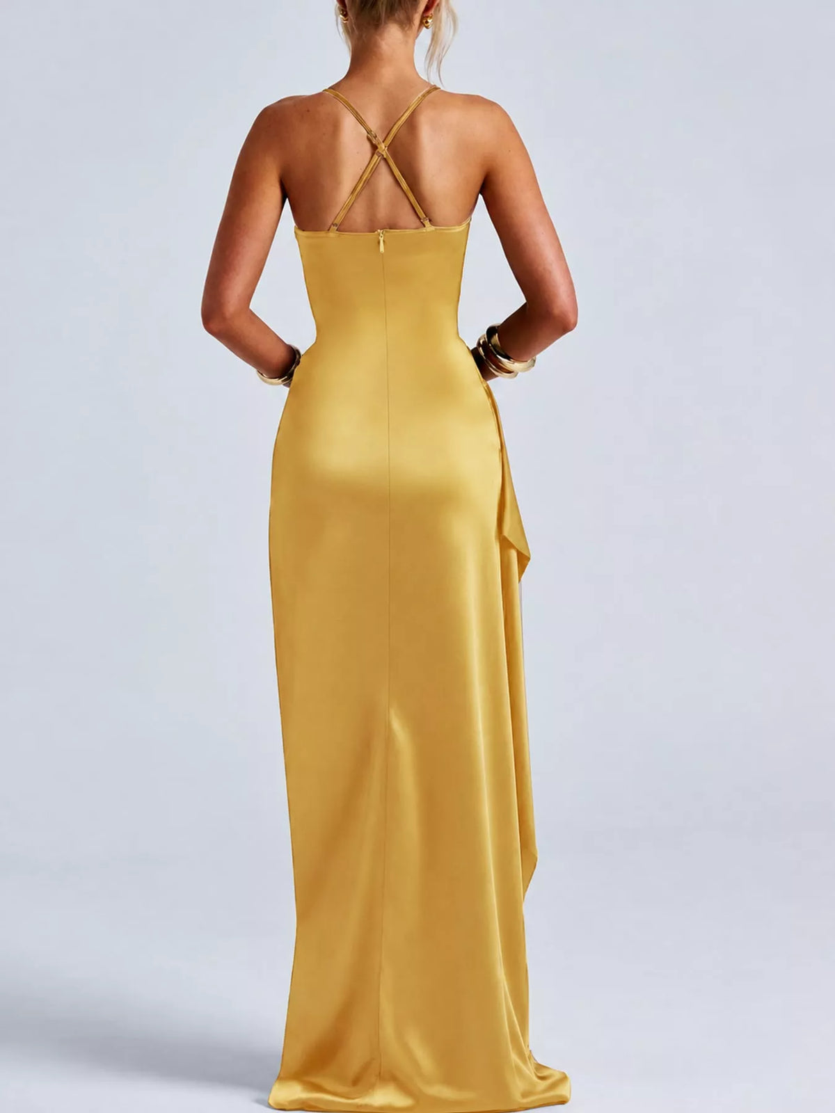 Satin Ruched High-Slit Maxi Dress