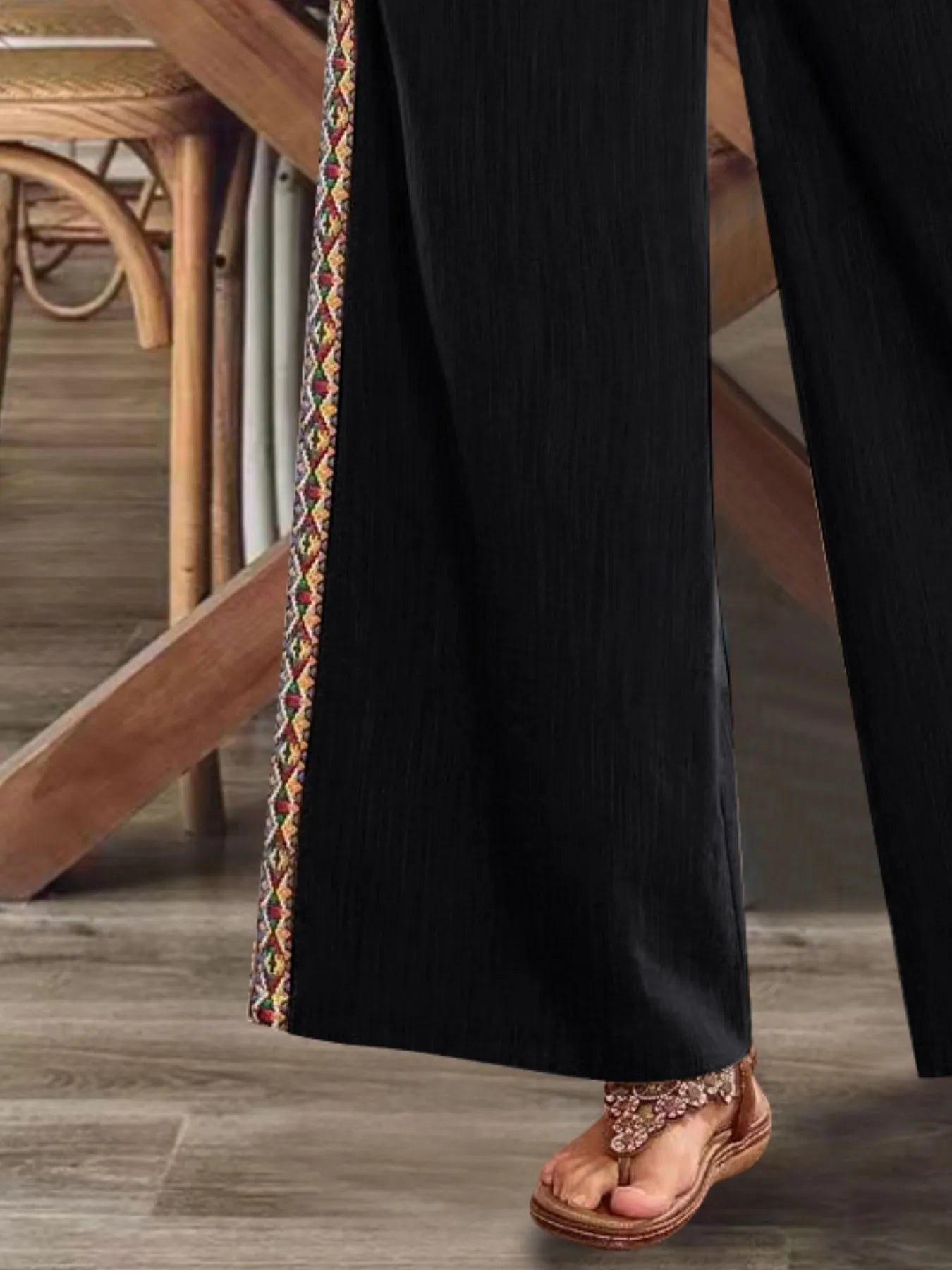Embroidered Side-Stripe Wide-Leg Pants