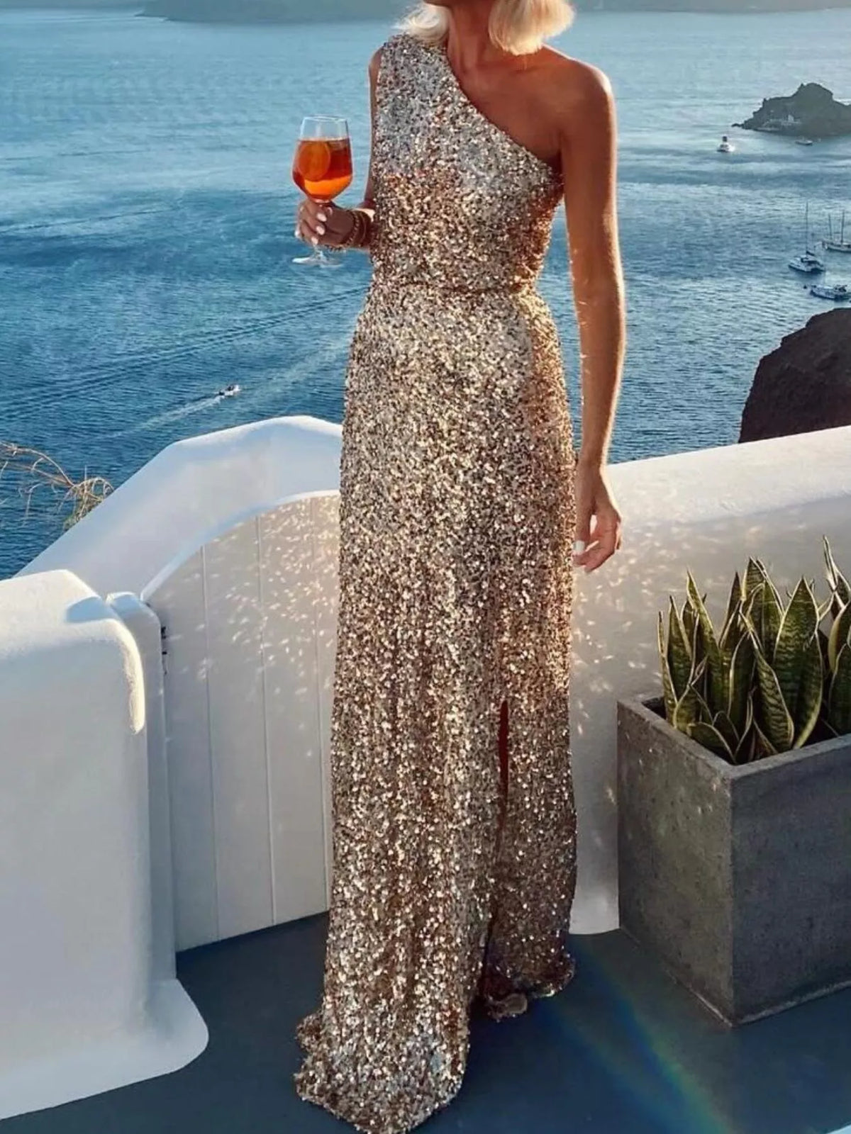 Sequin One-Shoulder Maxi Dress in Beige