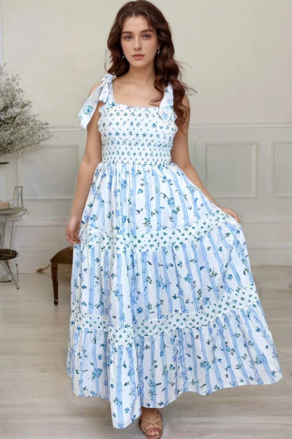Floral Smocked Tiered Dress in Light Blue