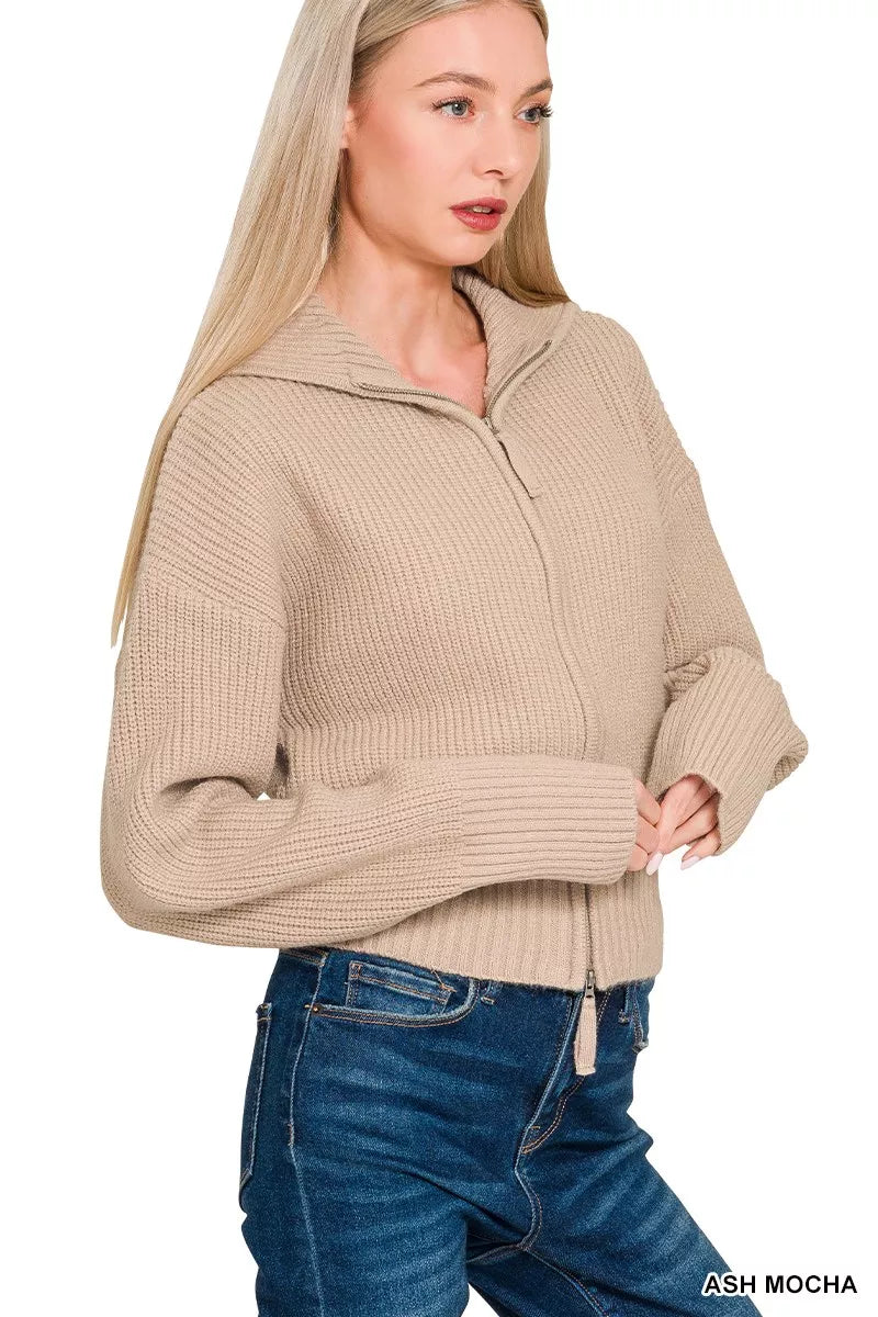 Zenana Ribbed Collared Zip-Up Cardigan in Ash Mocha