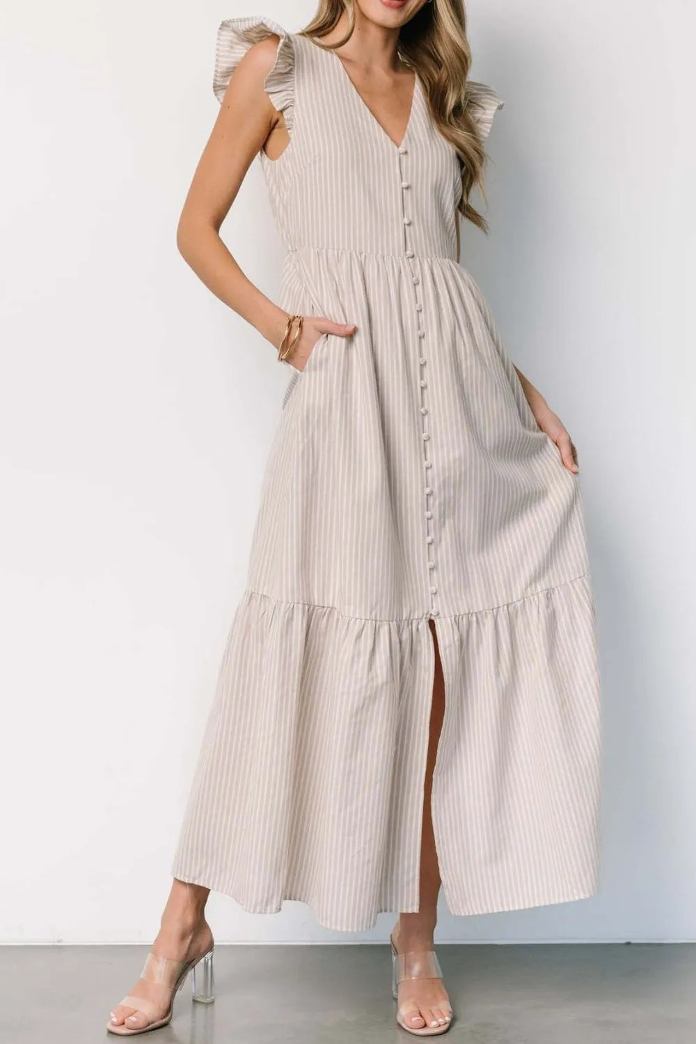 Striped V-Neck Ruffled Cap Sleeve Dress