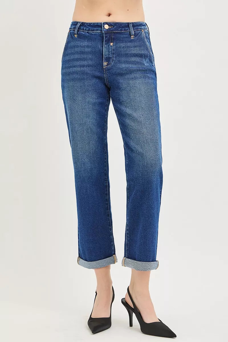 Risen Slouchy Cropped Boyfriend Jeans in Dark Wash