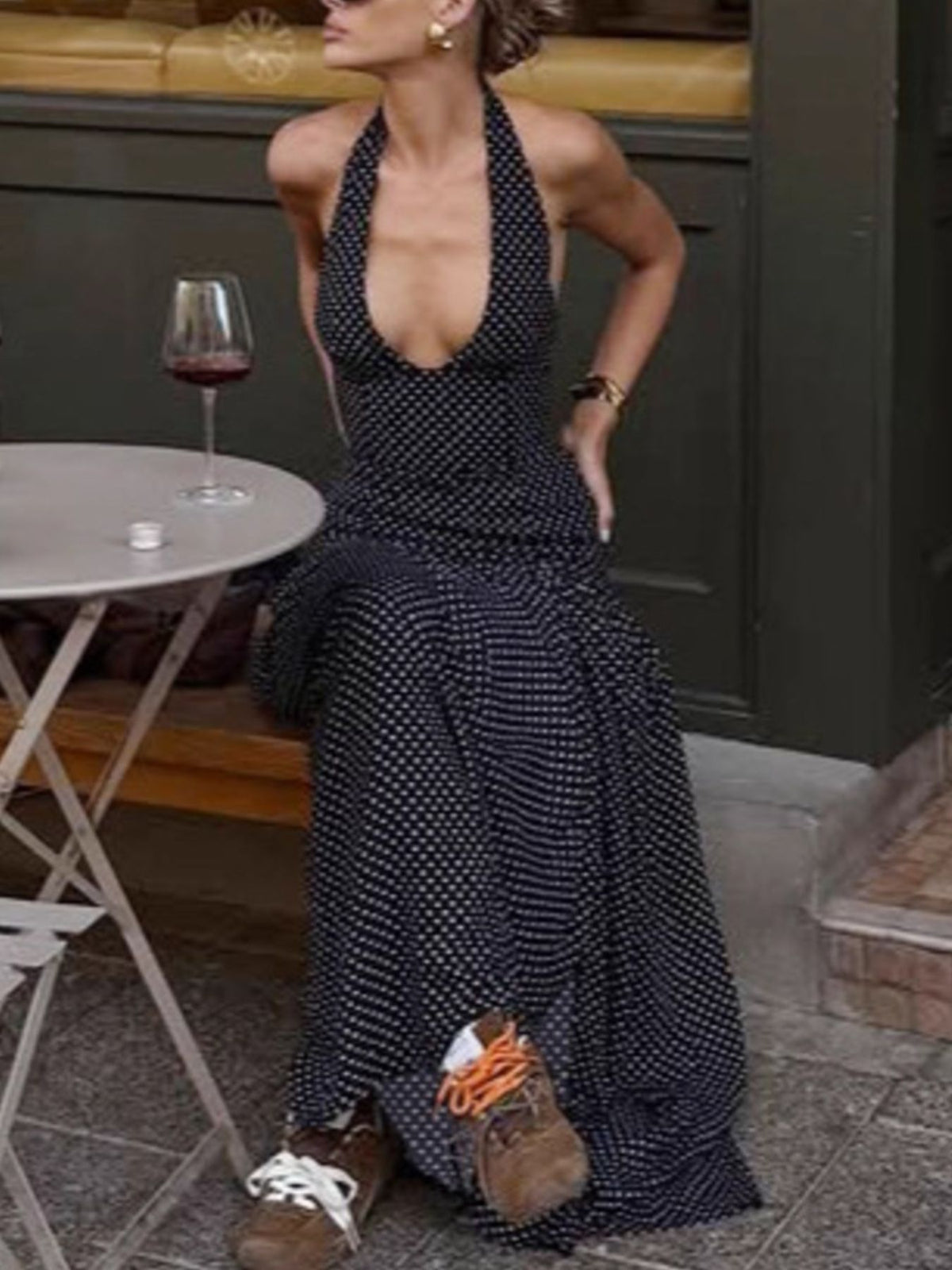 Polka Dot Halter Neck Maxi Dress in Black