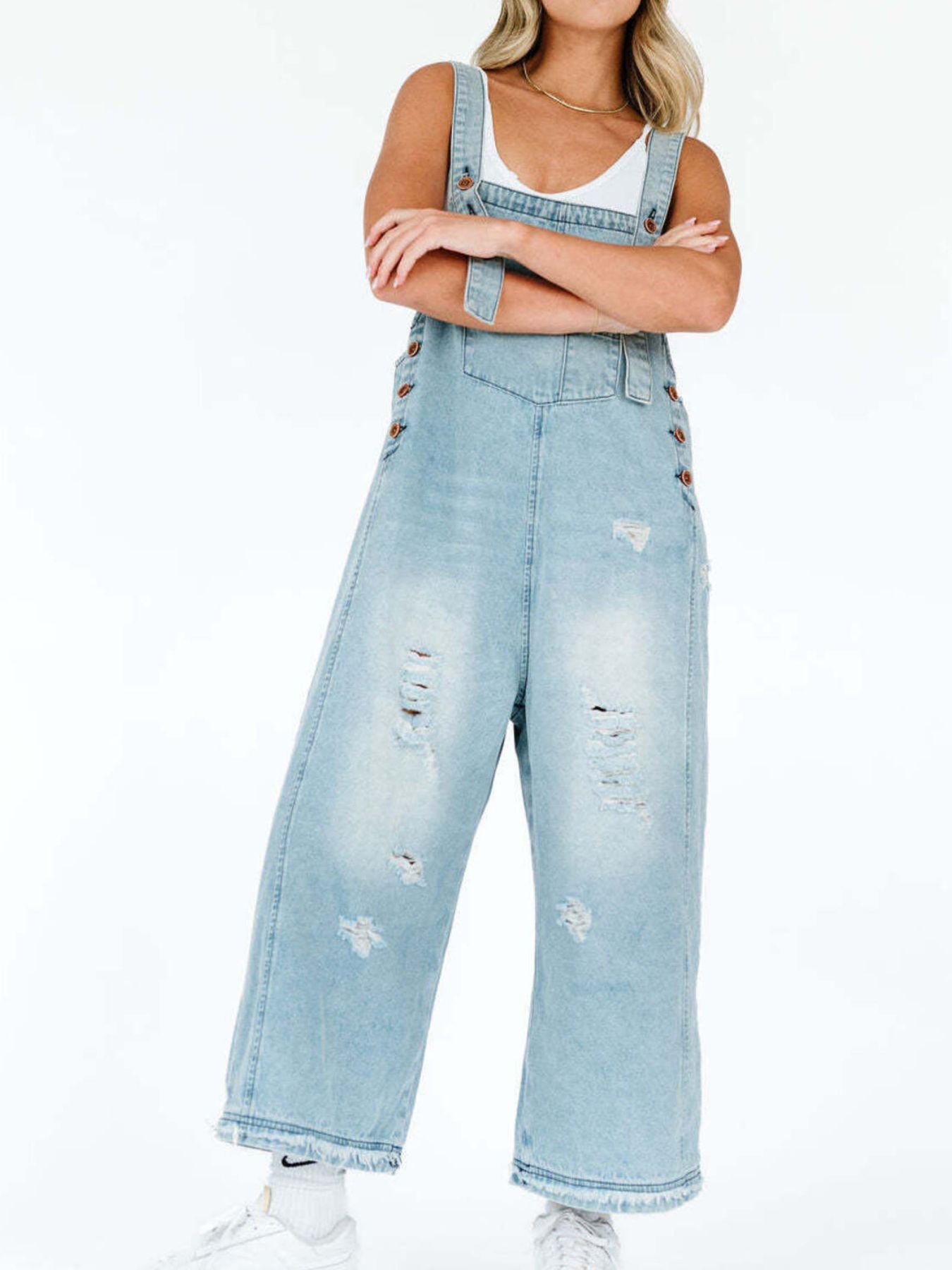 Distressed Wide Leg Denim Overalls by Dreamy Drapes