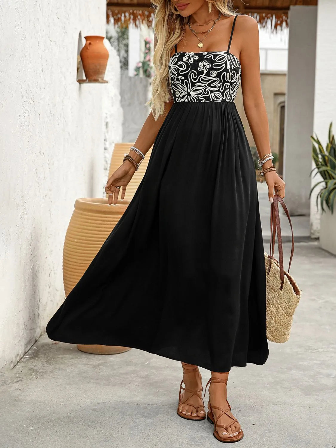 Smocked Cami Midi Dress in Black