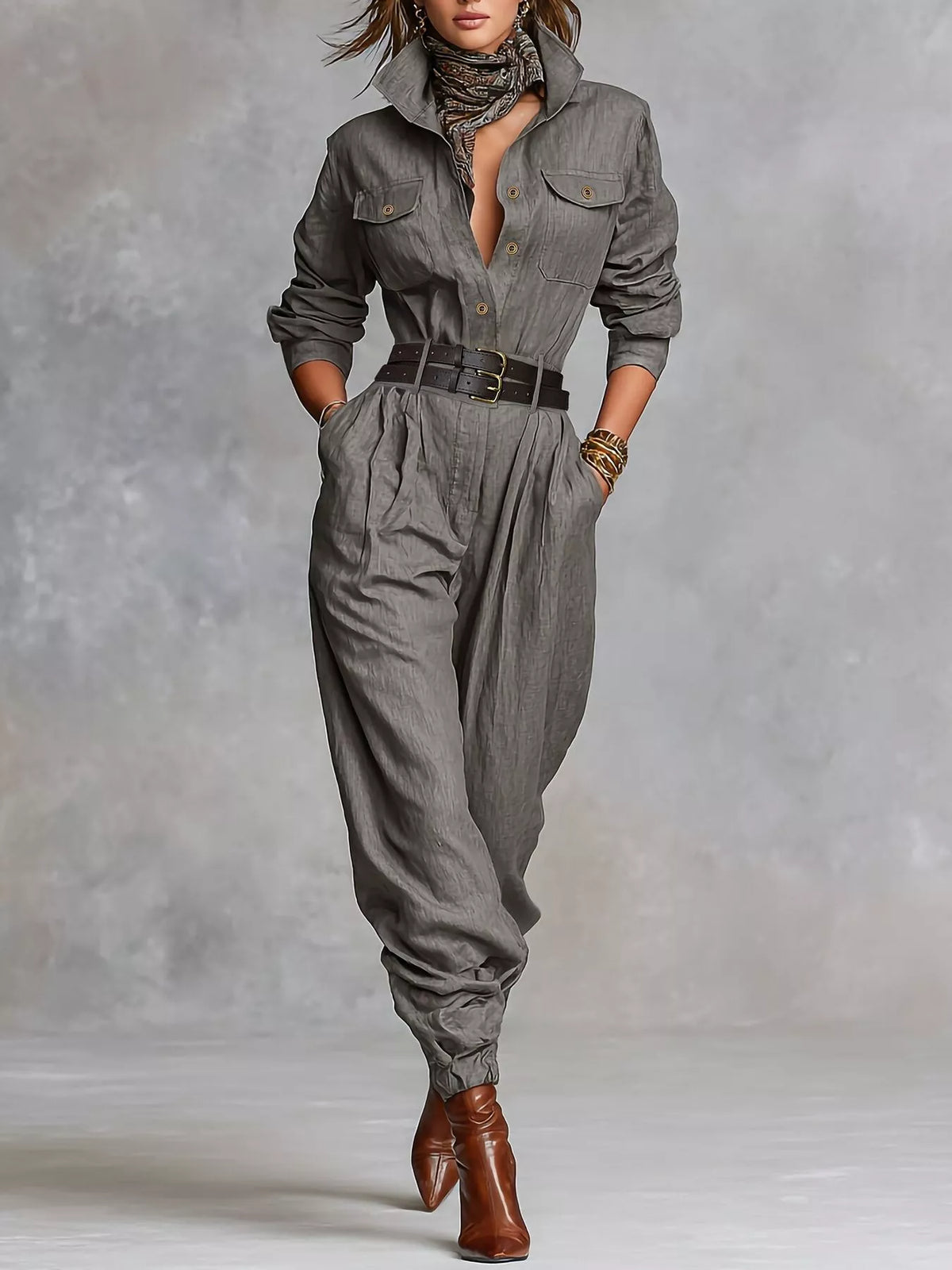 Button Front Long-Sleeve Jumpsuit in Gray