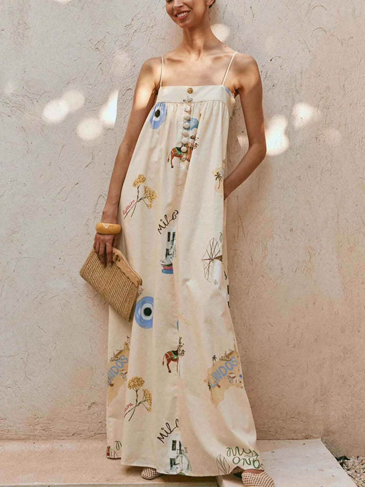 Bohemian Print Cami Maxi Dress in Beige