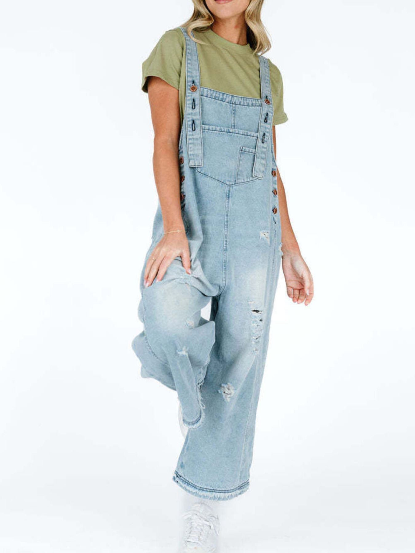 Distressed Wide Leg Denim Overalls by Dreamy Drapes