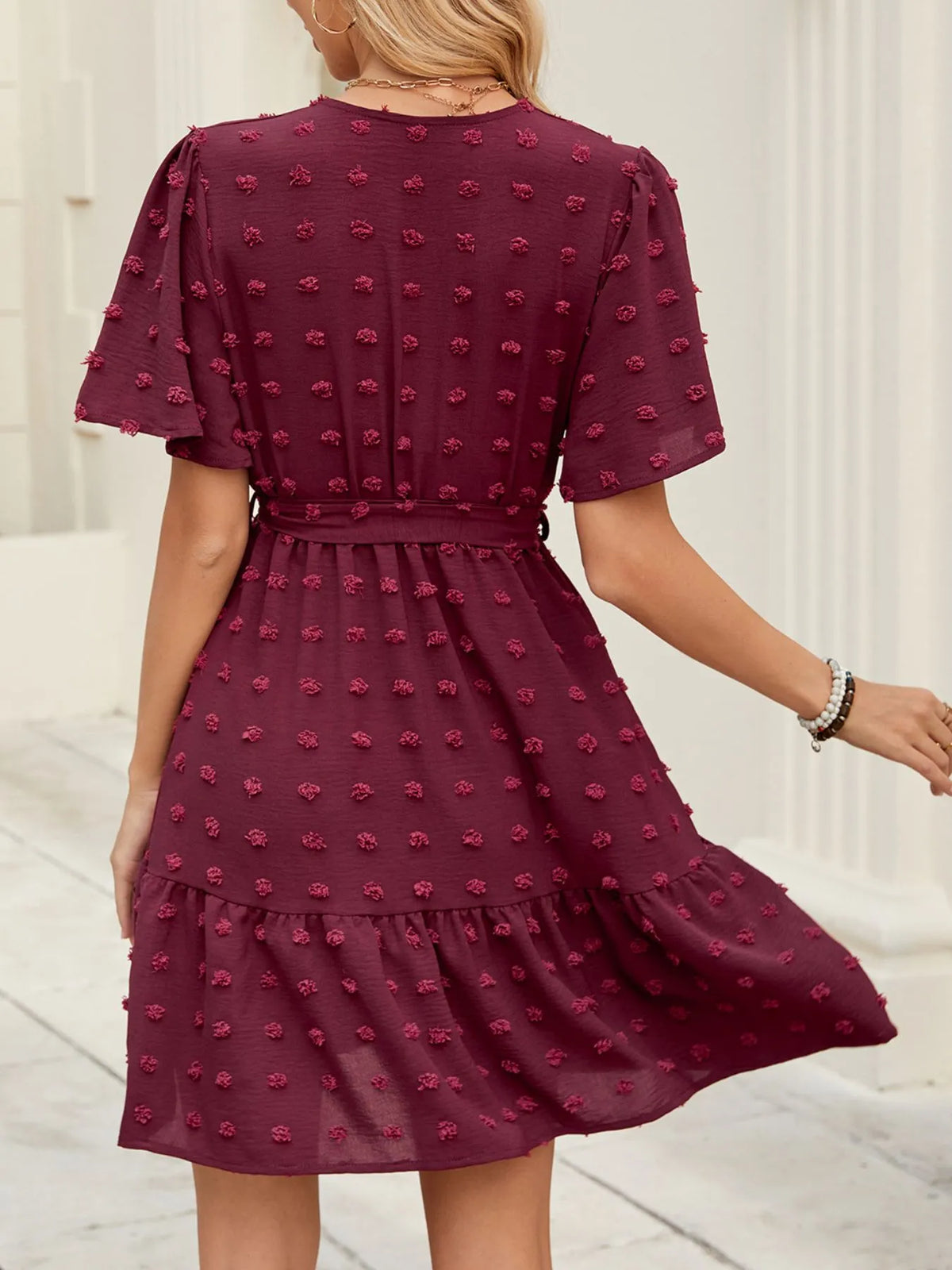 Swiss Dot Wrap Dress in Burgundy