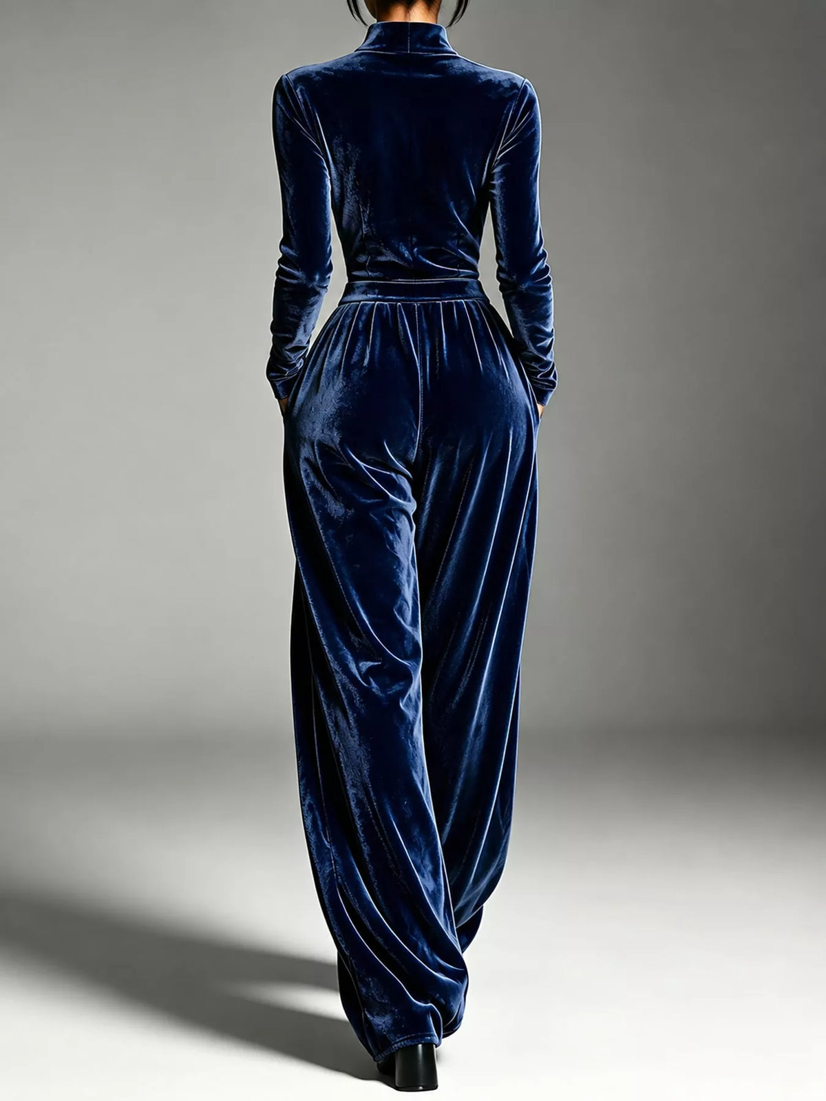 Velvet Zip-Up Jumpsuit with Tie Waist