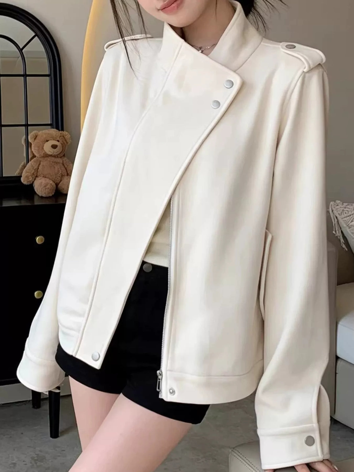 Asymmetric Zip-Up Jacket in Off-White
