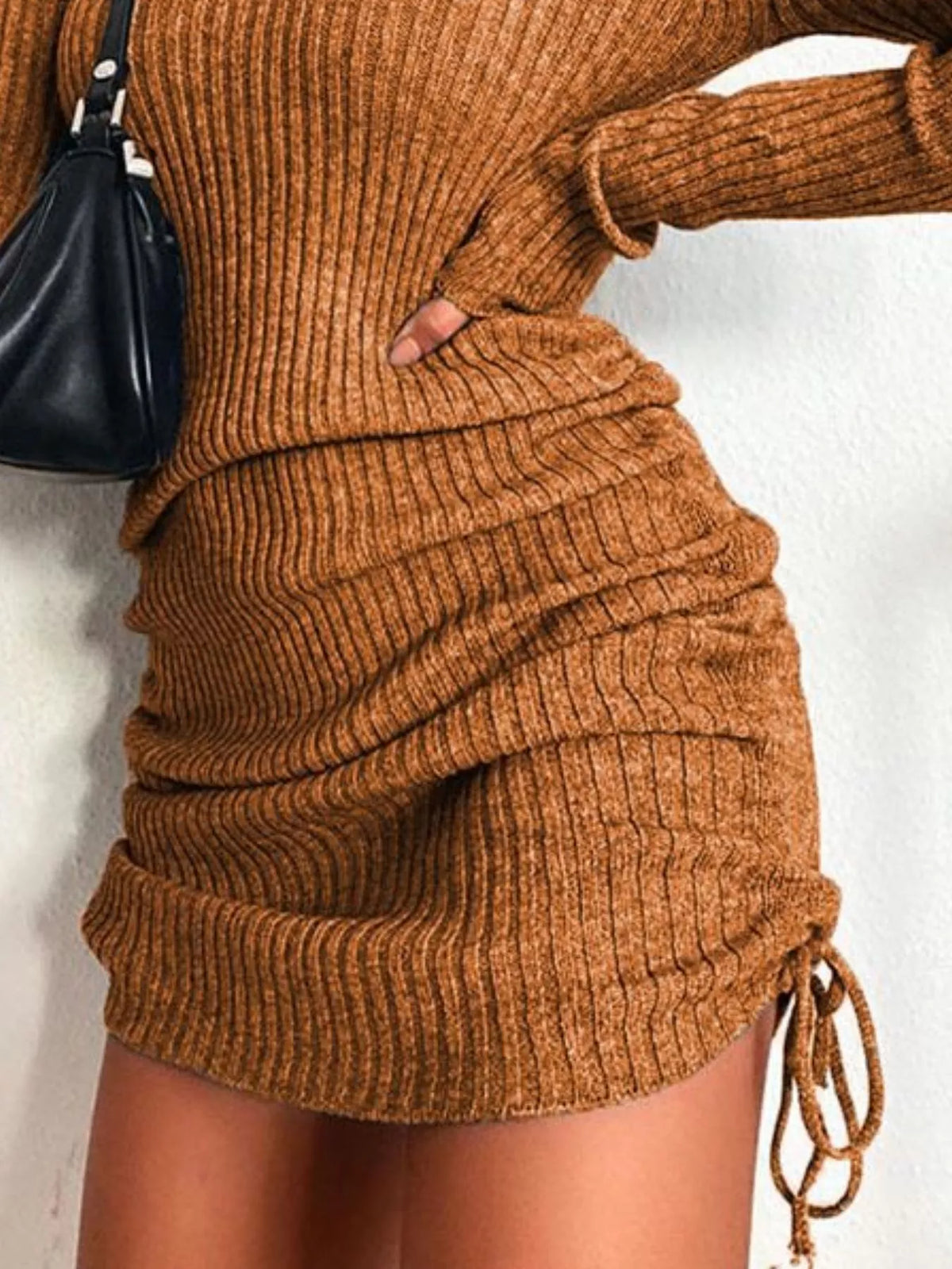Ribbed Knit Drawstring Bodycon Sweater Dress