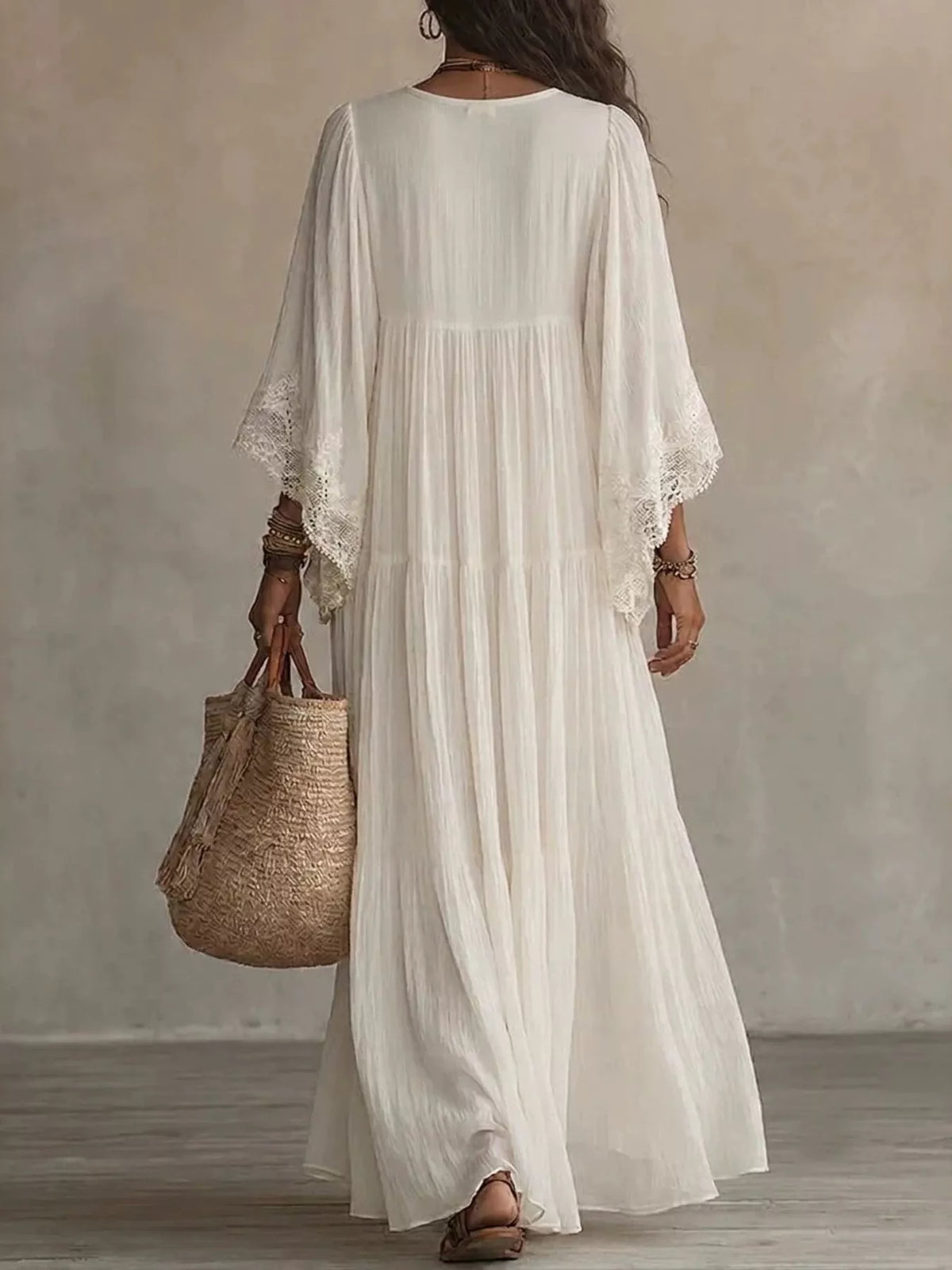 Lace Trim Tiered V-Neck Maxi Dress