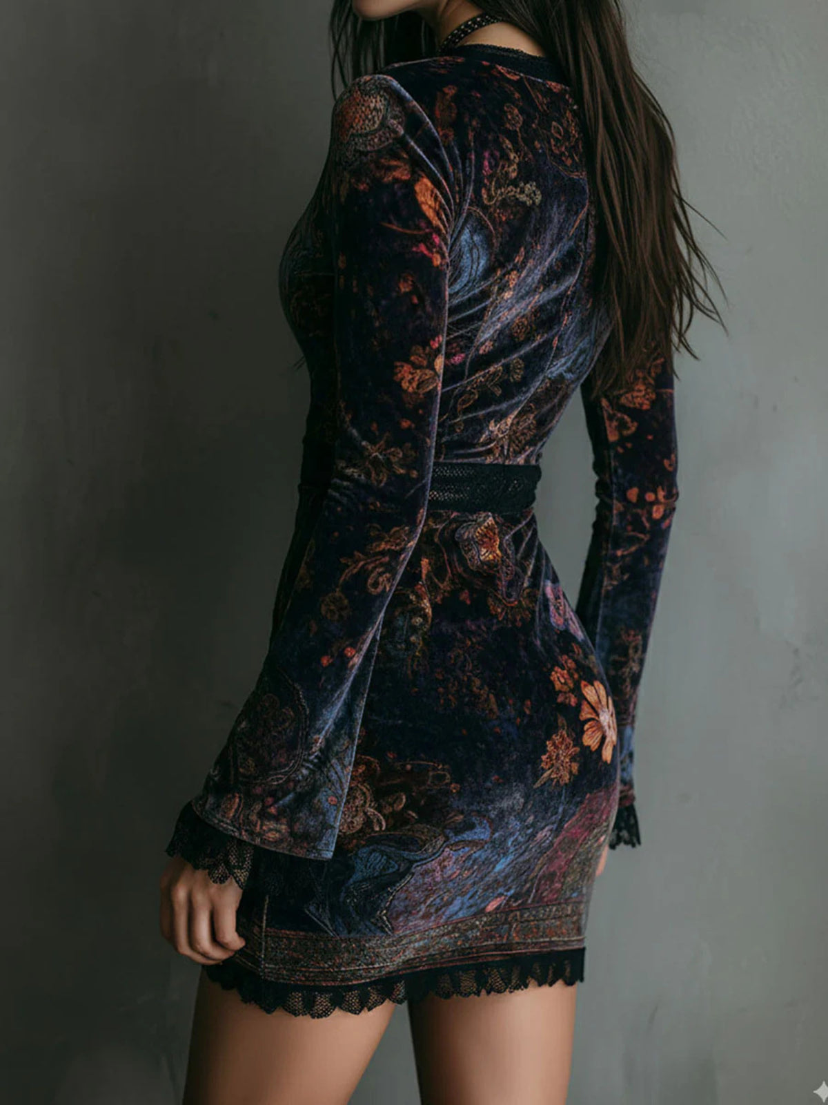 Floral Velvet Mini Dress with Lace Detail