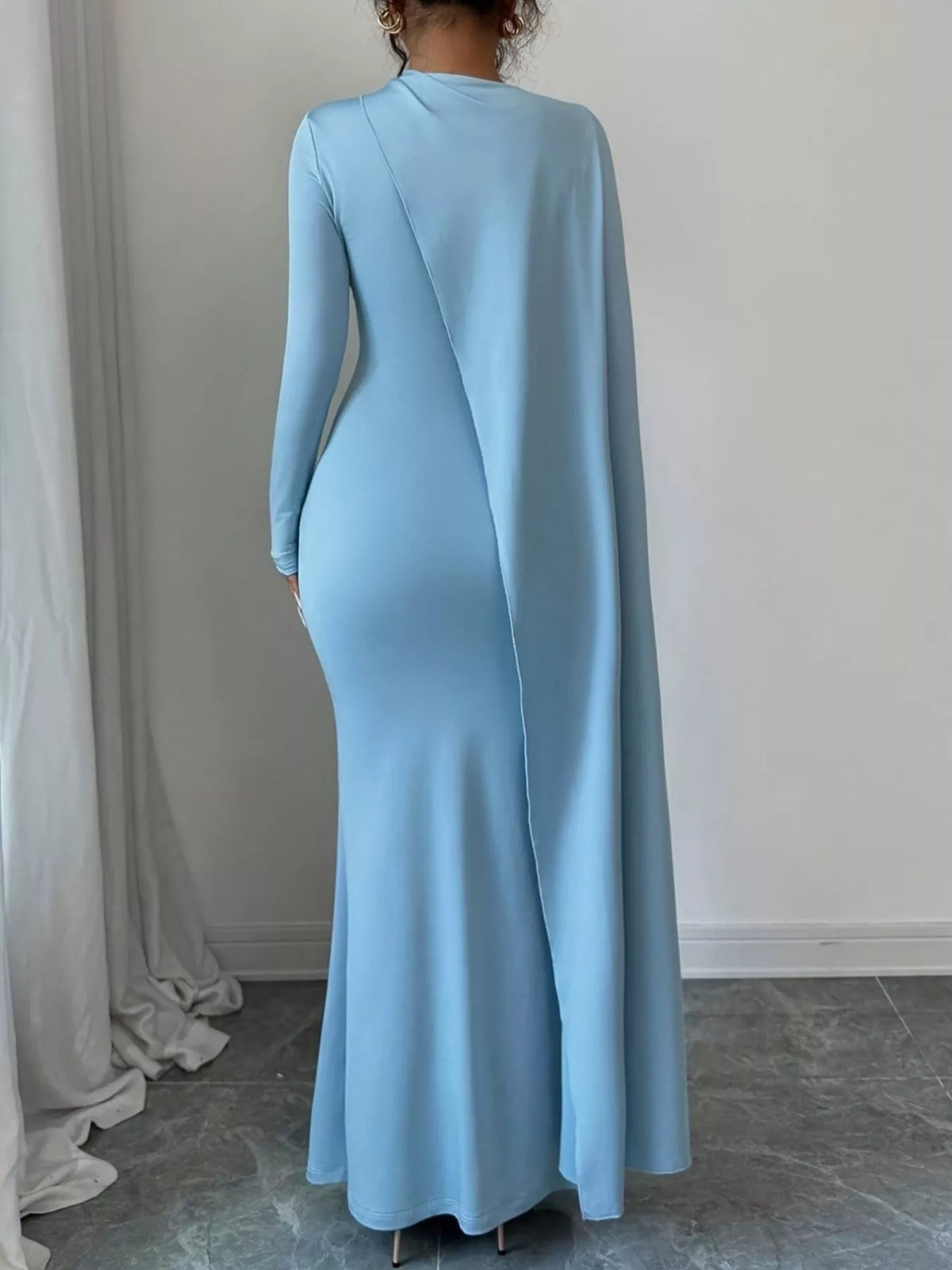 Ruched Long Sleeve Maxi Dress in Sky Blue