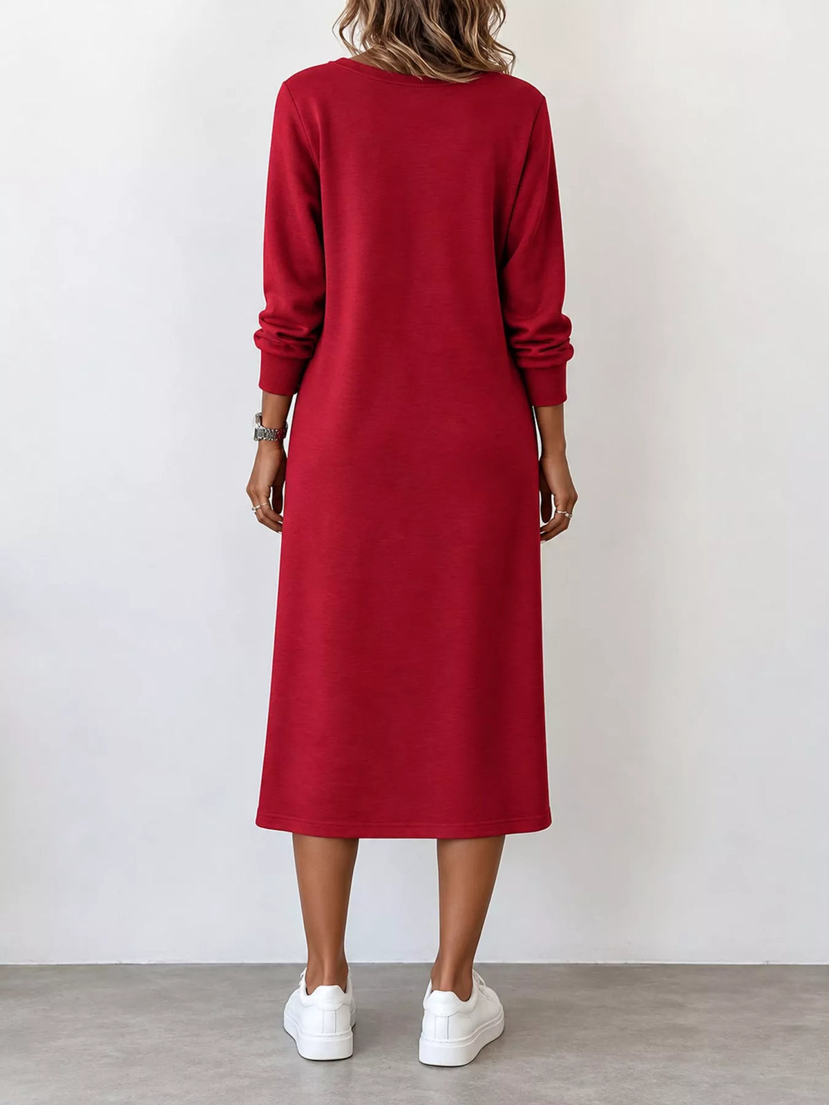 V-Neck Long Sleeve Midi Dress