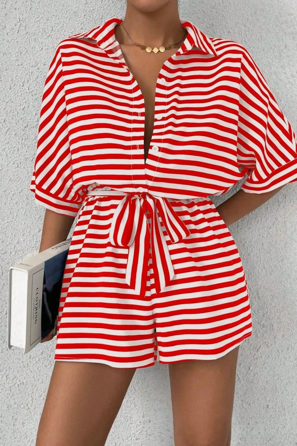 Striped Collared Tie Waist Romper