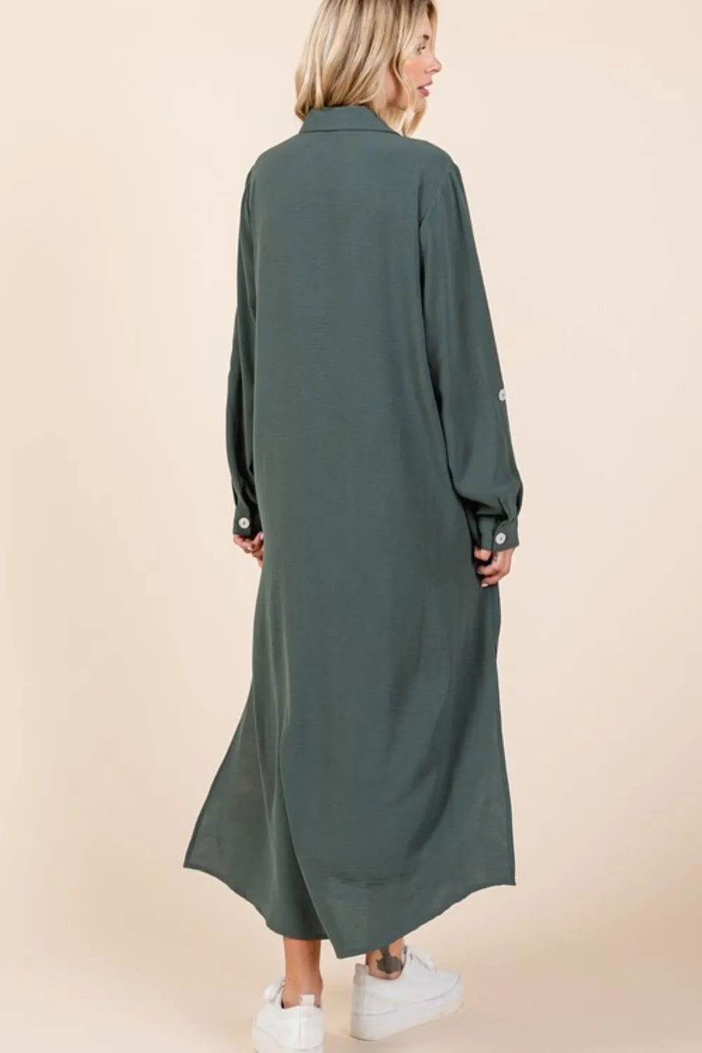 V-Neck Long Sleeve Button-Down Maxi Dress in Light Hunter in Lt Hunter by Mittoshop