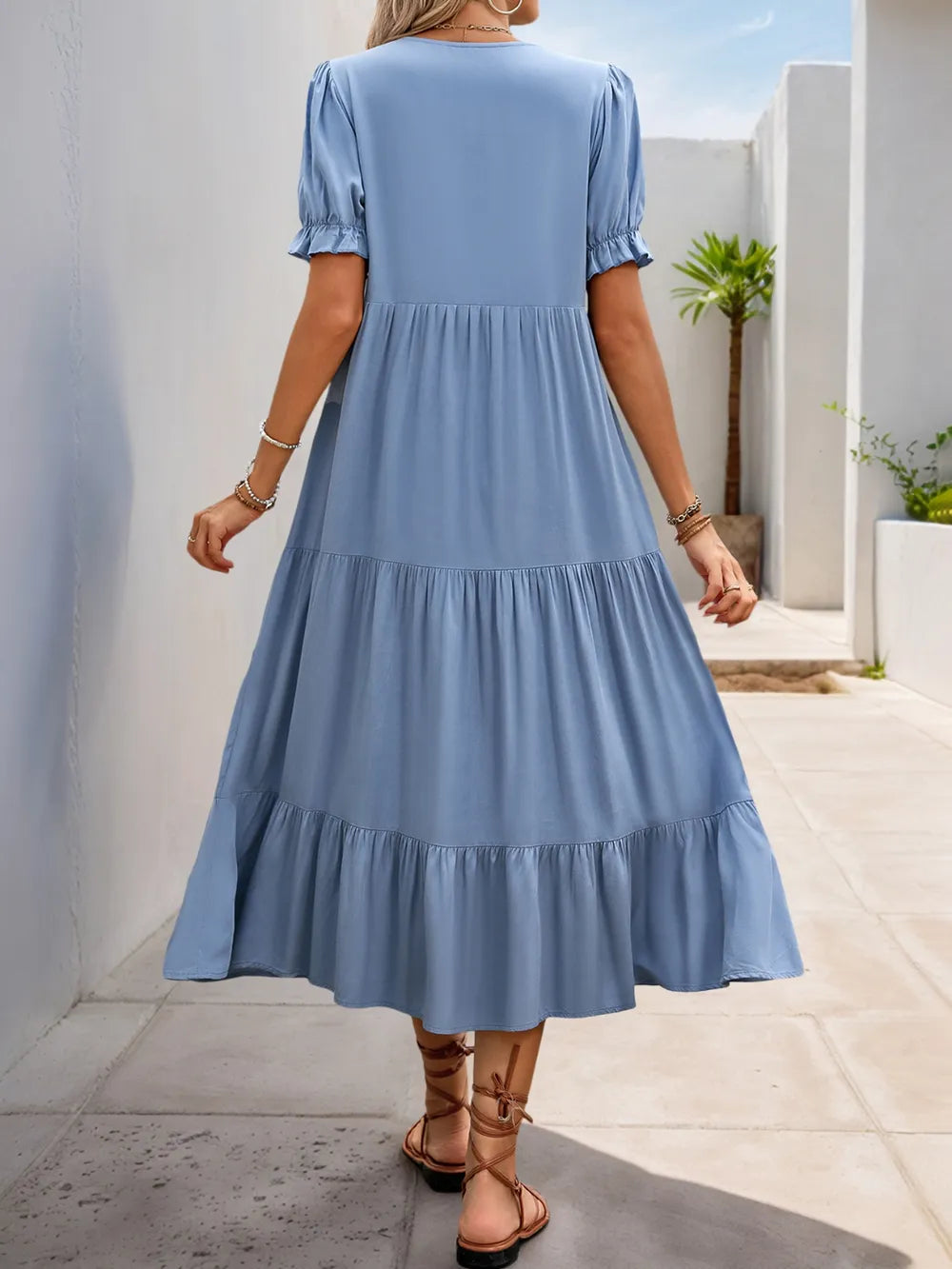 Notched Tiered Midi Dress in Light Blue