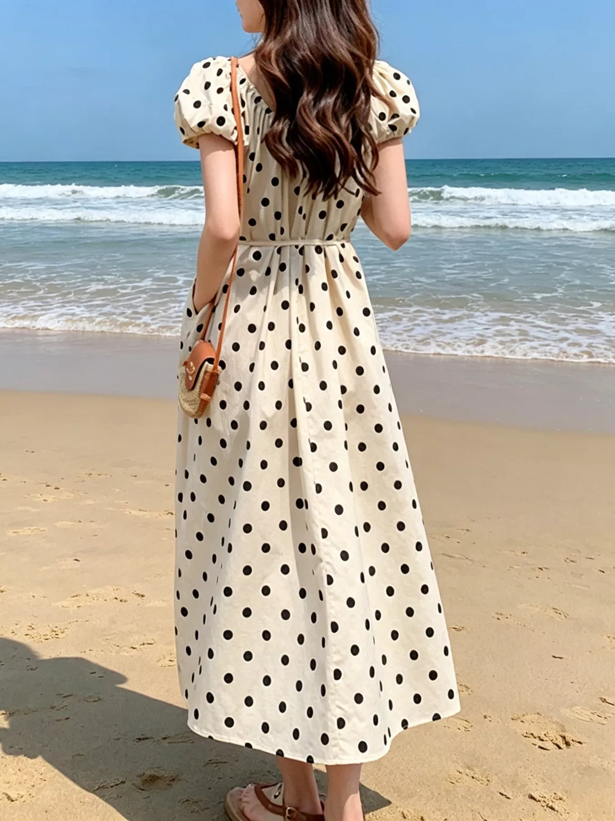 Polka Dot Puff Sleeve Midi Dress in Apricot