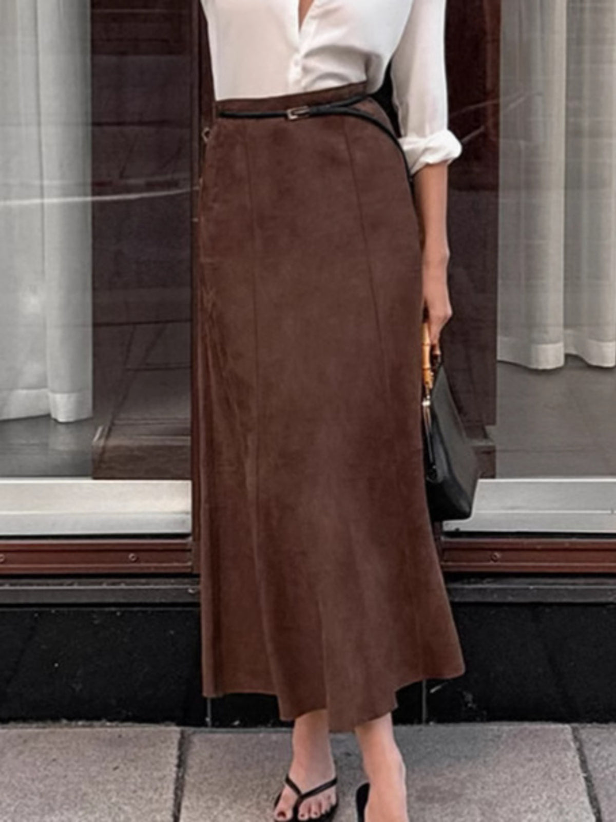Suede Midi Skirt in Dark Brown