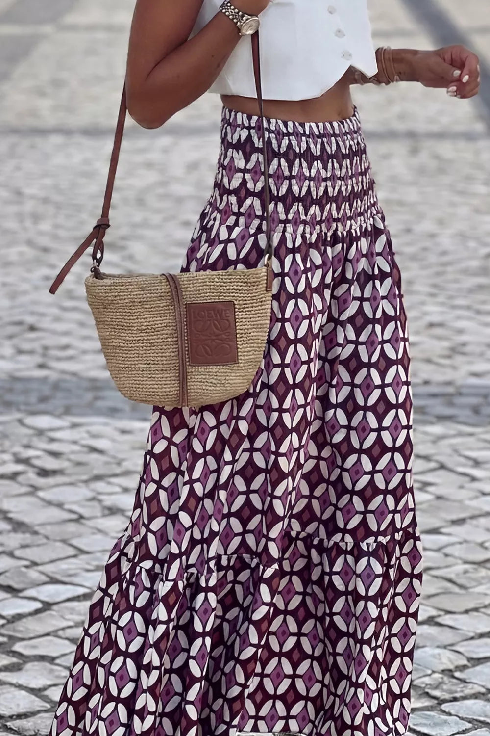 Geometric Print Smocked Waist Maxi Skirt in Mauve