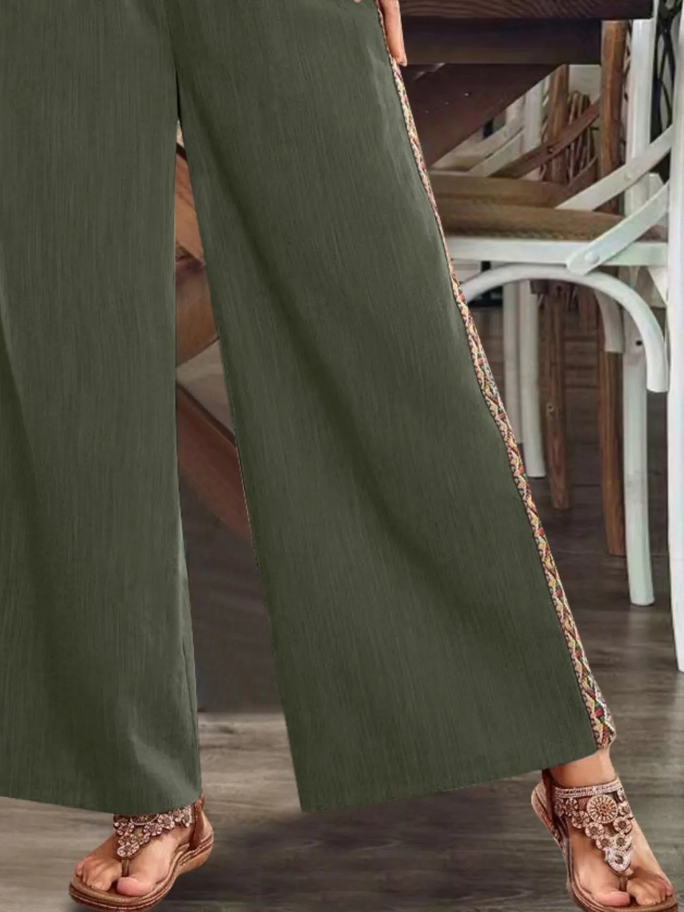 Embroidered Side-Stripe Wide-Leg Pants