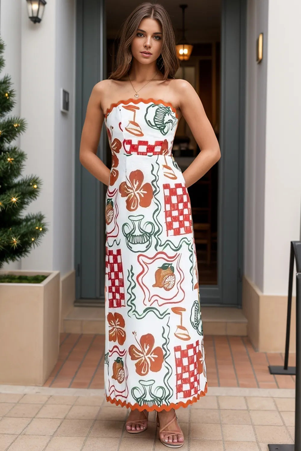 Printed Tube Maxi Dress in White